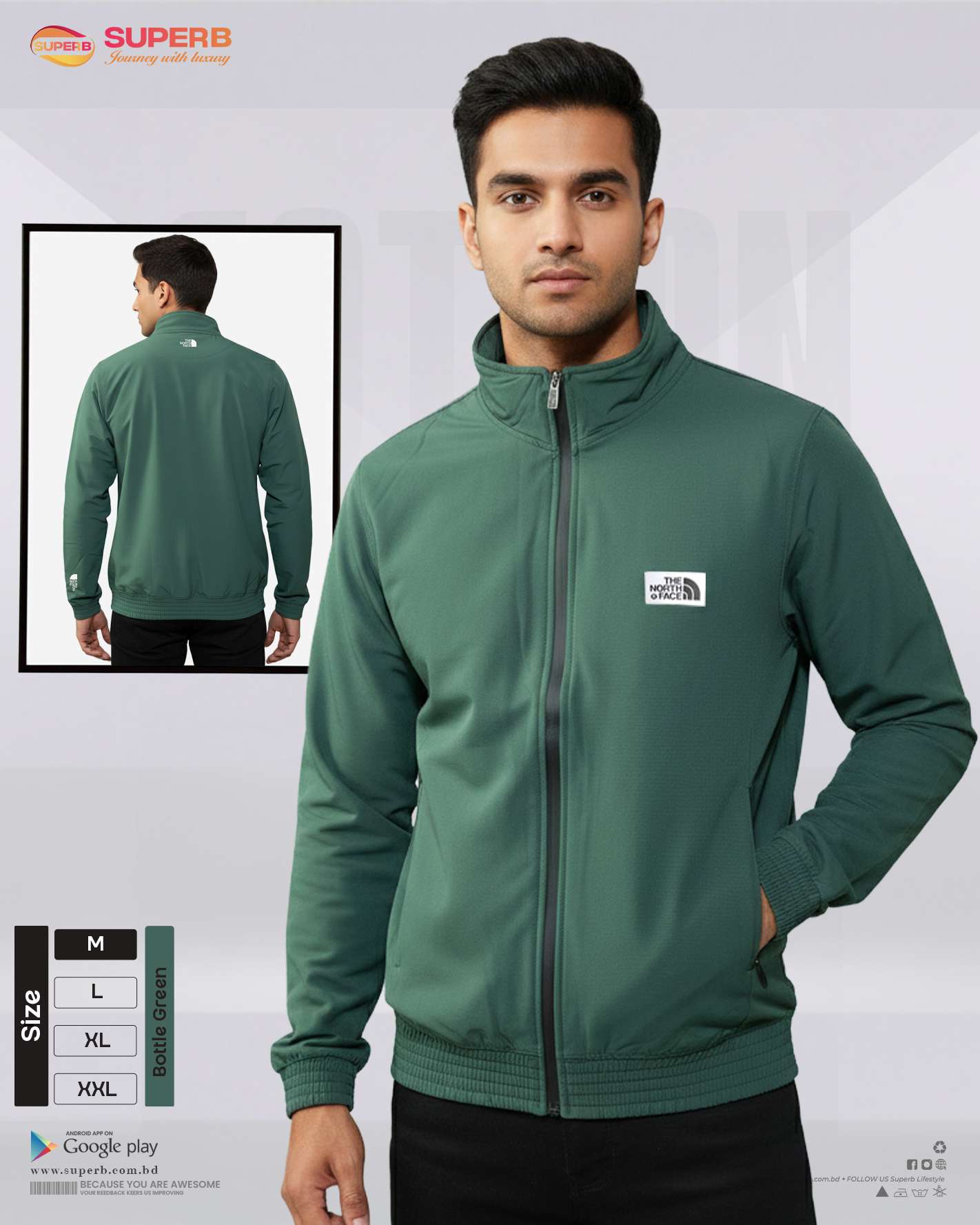 The North Face Premium Waterproof High Neck Jacket with Inner Sherpa Lining | Winter Protection Wear - Bottle green