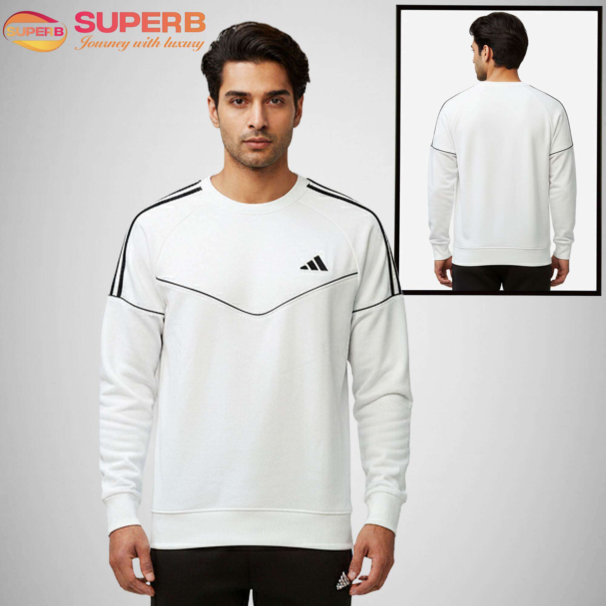 Adidas Classic Sweatshirt for Men | 300 GSM Warm Brushed Inner | Superb - White