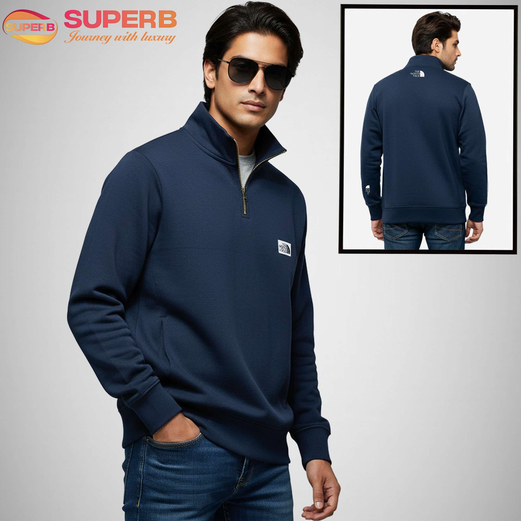The North Face High Neck Winter Sweatshirt | Premium 280+ GSM Export Edition - Navy Blue