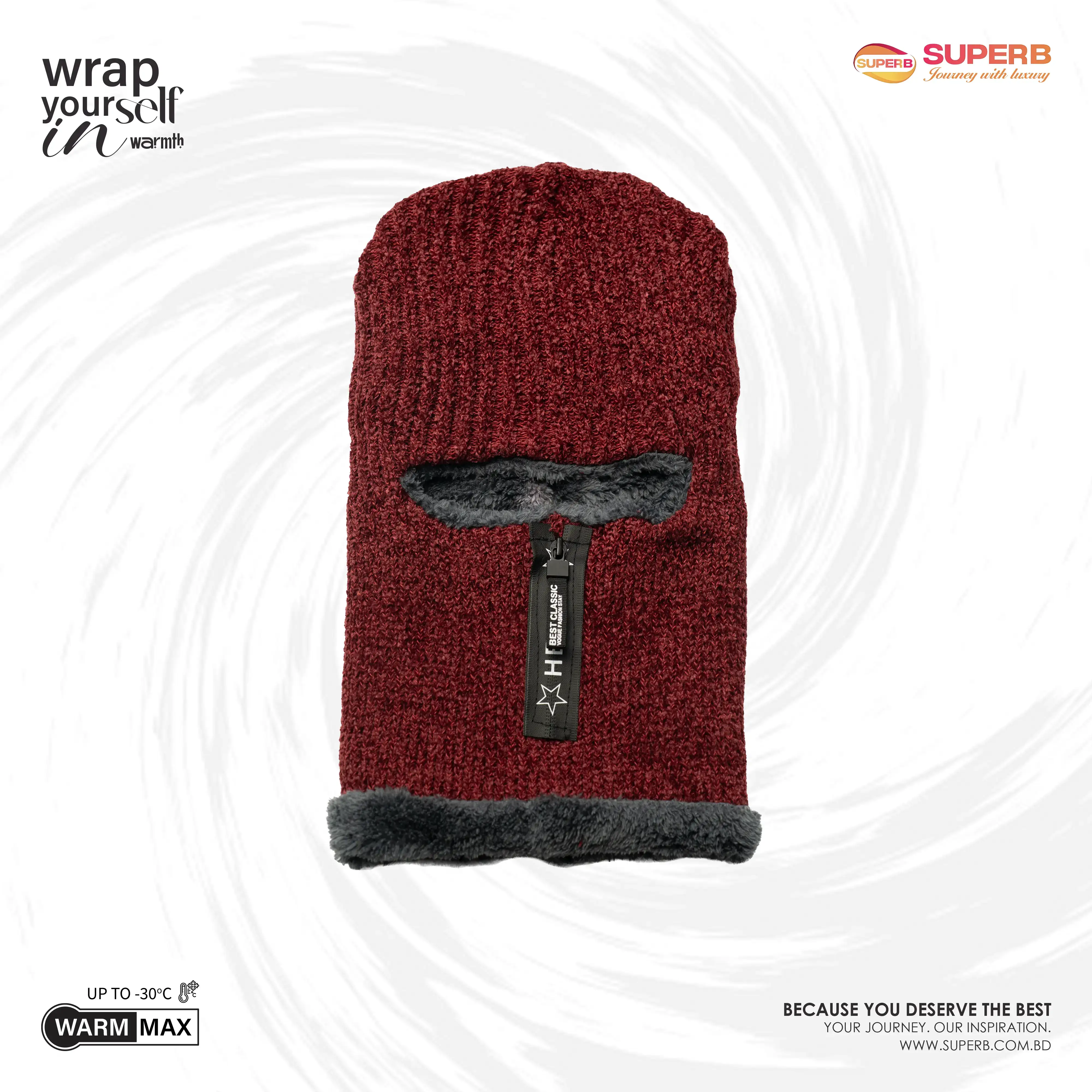 WarmMax Zipper Balaclava | Fleece-Lined Winter Hood by Superb Lifestyle - Maroon