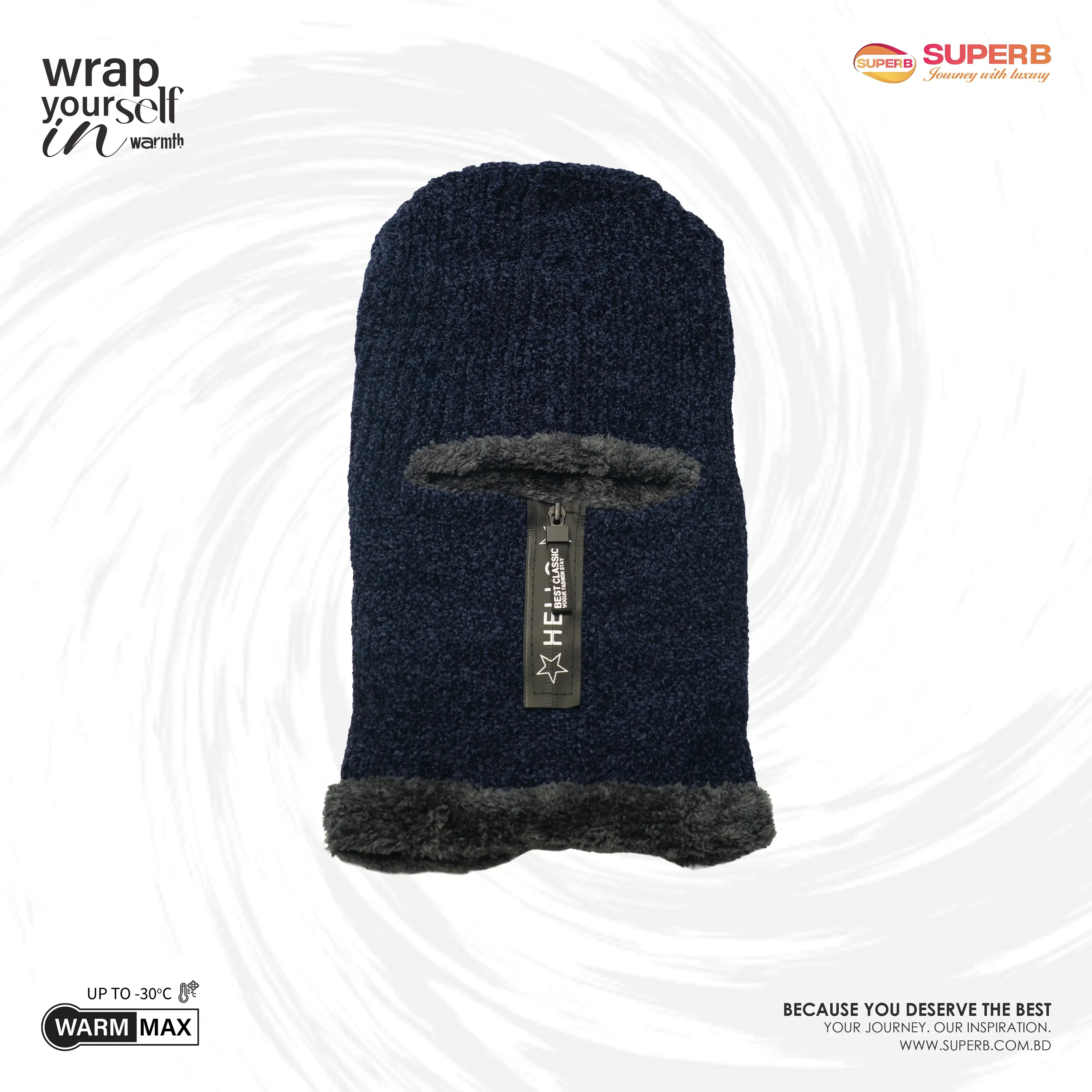 WarmMax Zipper Balaclava | Fleece-Lined Winter Hood by Superb Lifestyle - Navy Blue