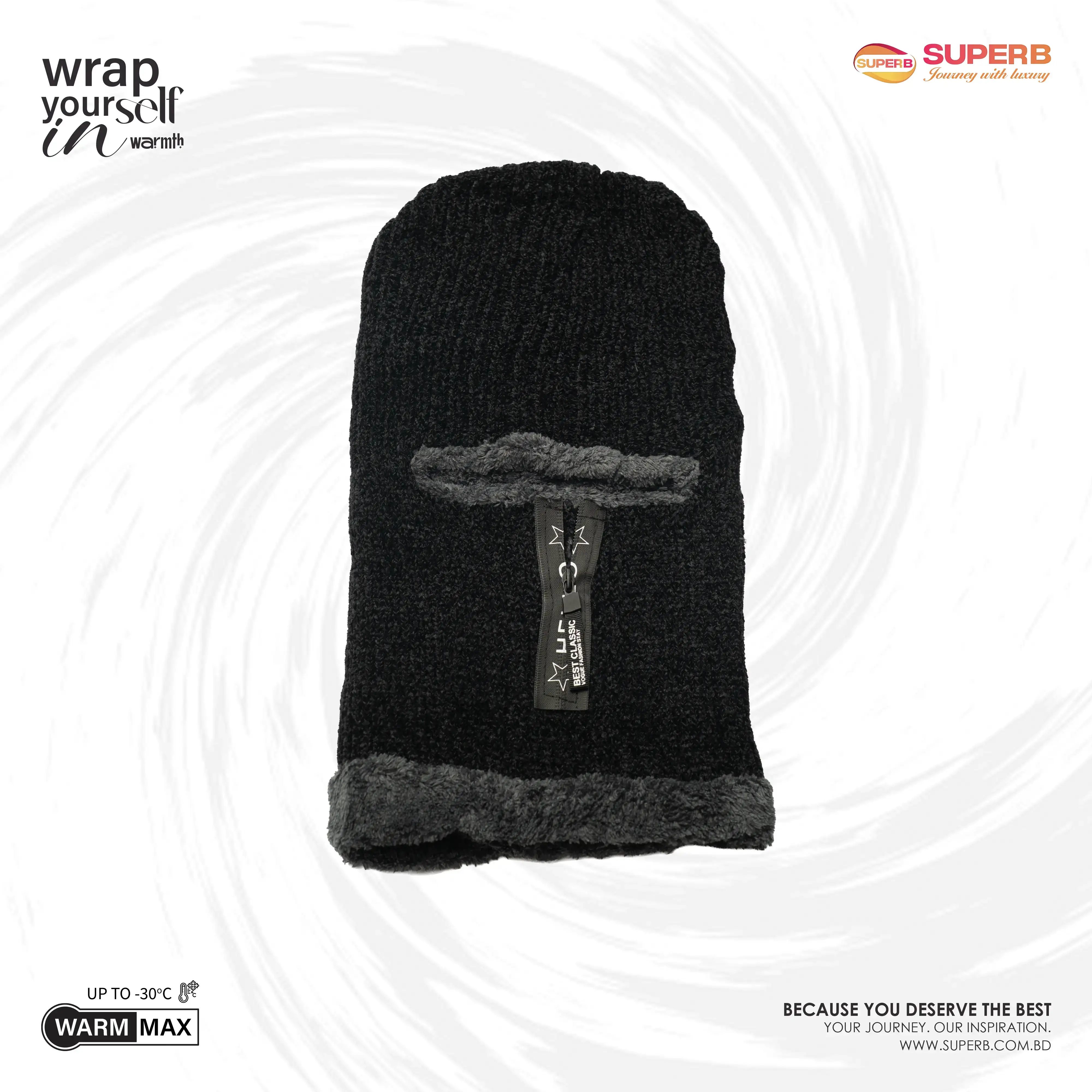 WarmMax Zipper Balaclava | Fleece-Lined Winter Hood by Superb Lifestyle - Black