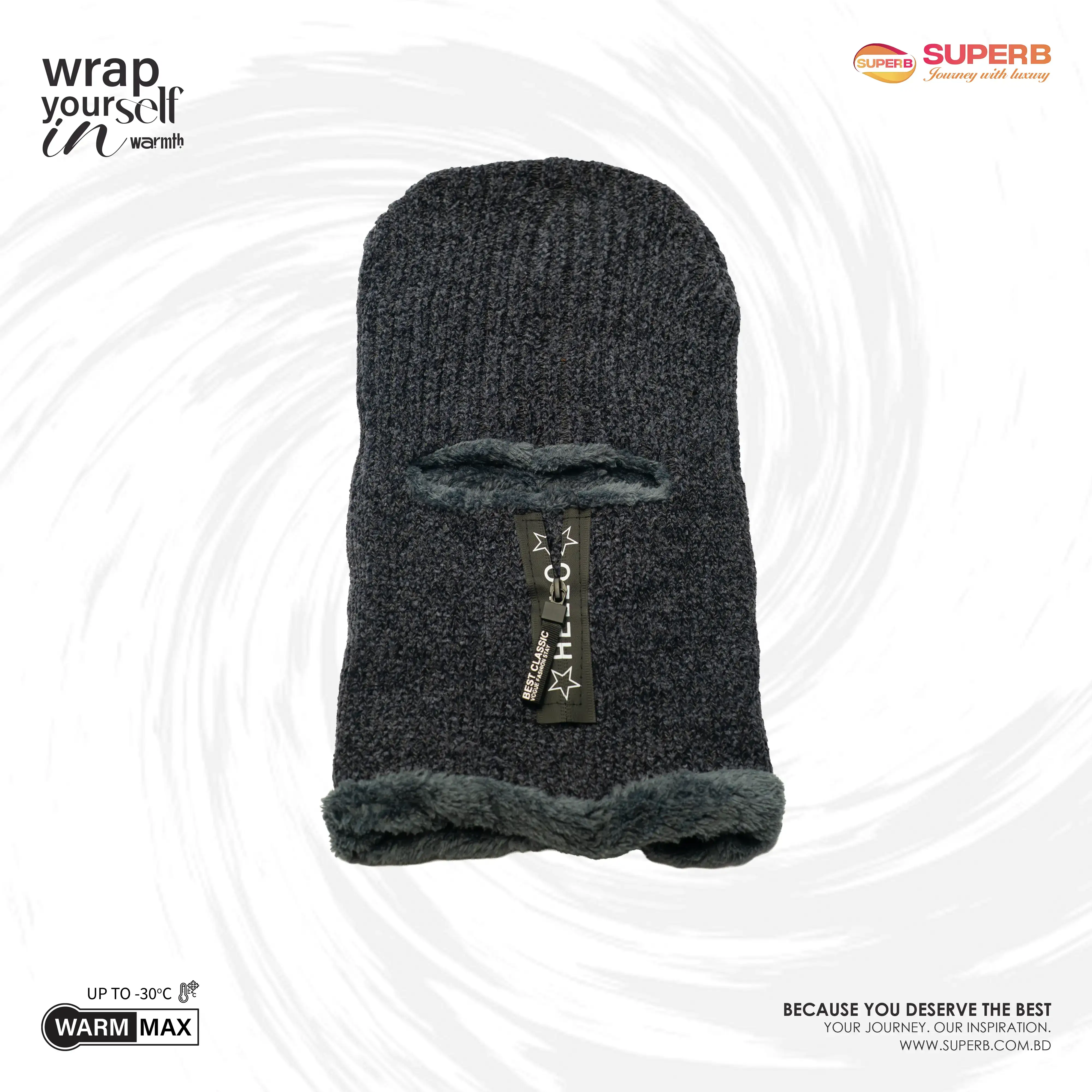 WarmMax Zipper Balaclava | Fleece-Lined Winter Hood by Superb Lifestyle - Gray