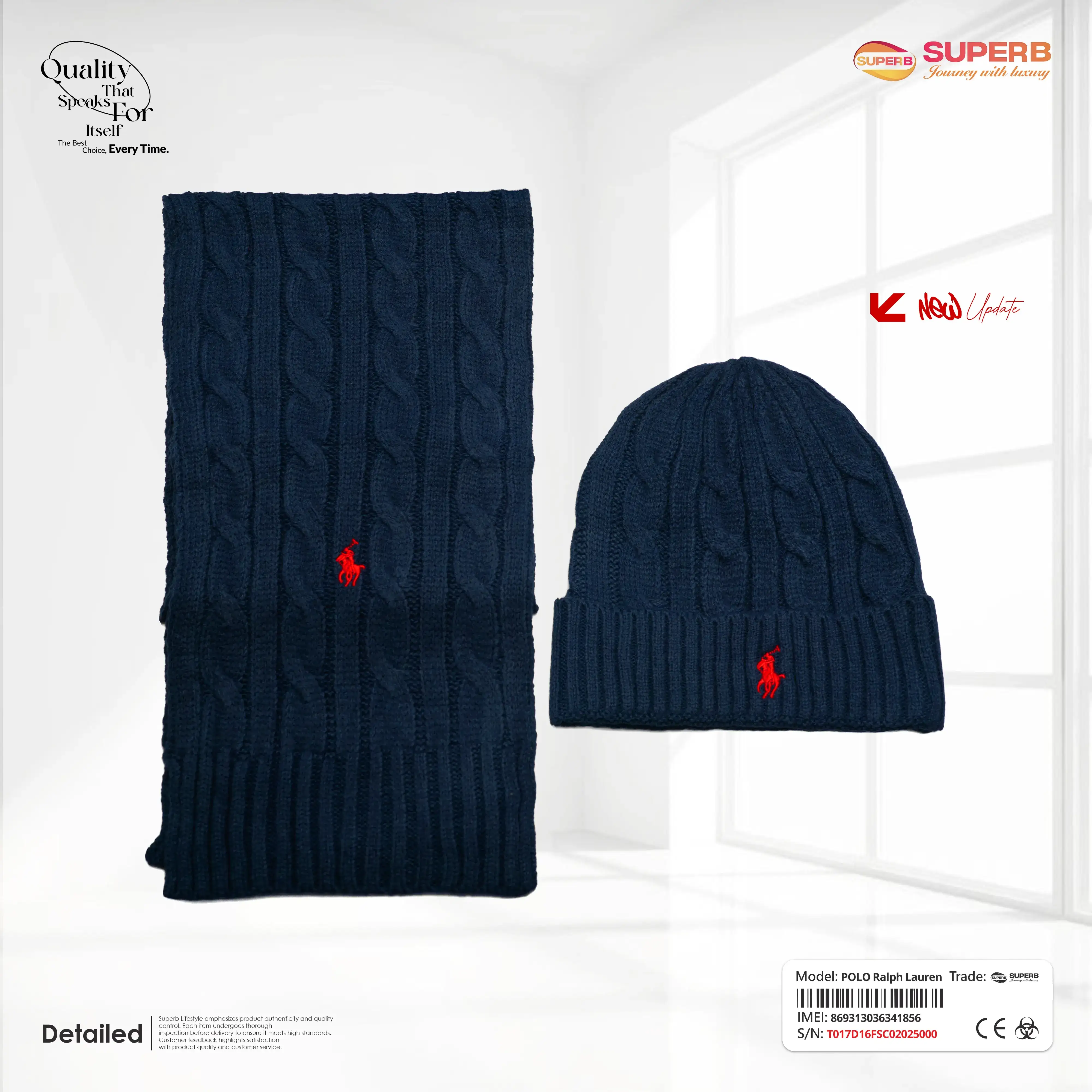 Ralph Lauren Unisex Cable-Knit Beanie & Scarf Set – 100% Wool || Superb - Navy