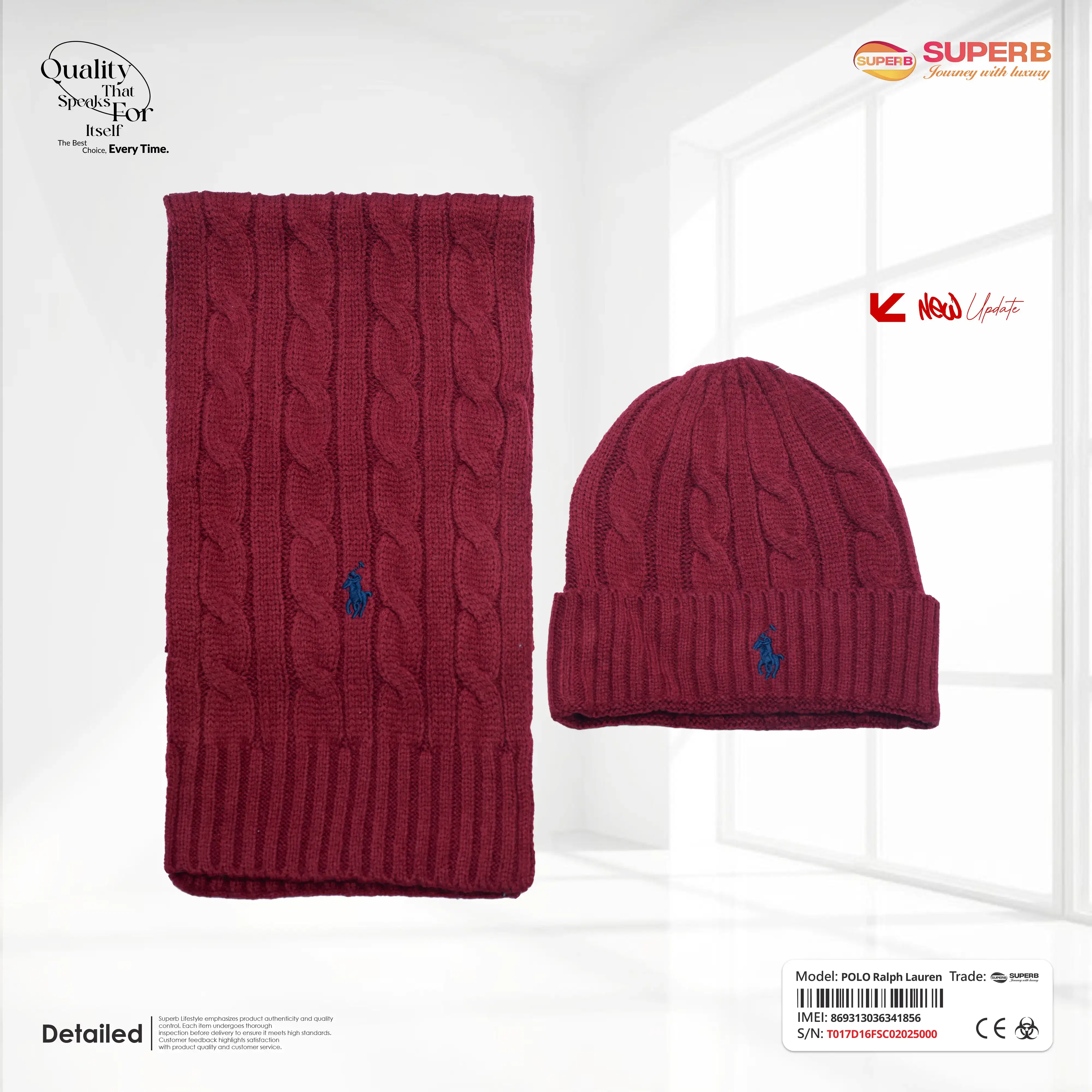 Ralph Lauren Unisex Cable-Knit Beanie & Scarf Set – 100% Wool || Superb - Maroon