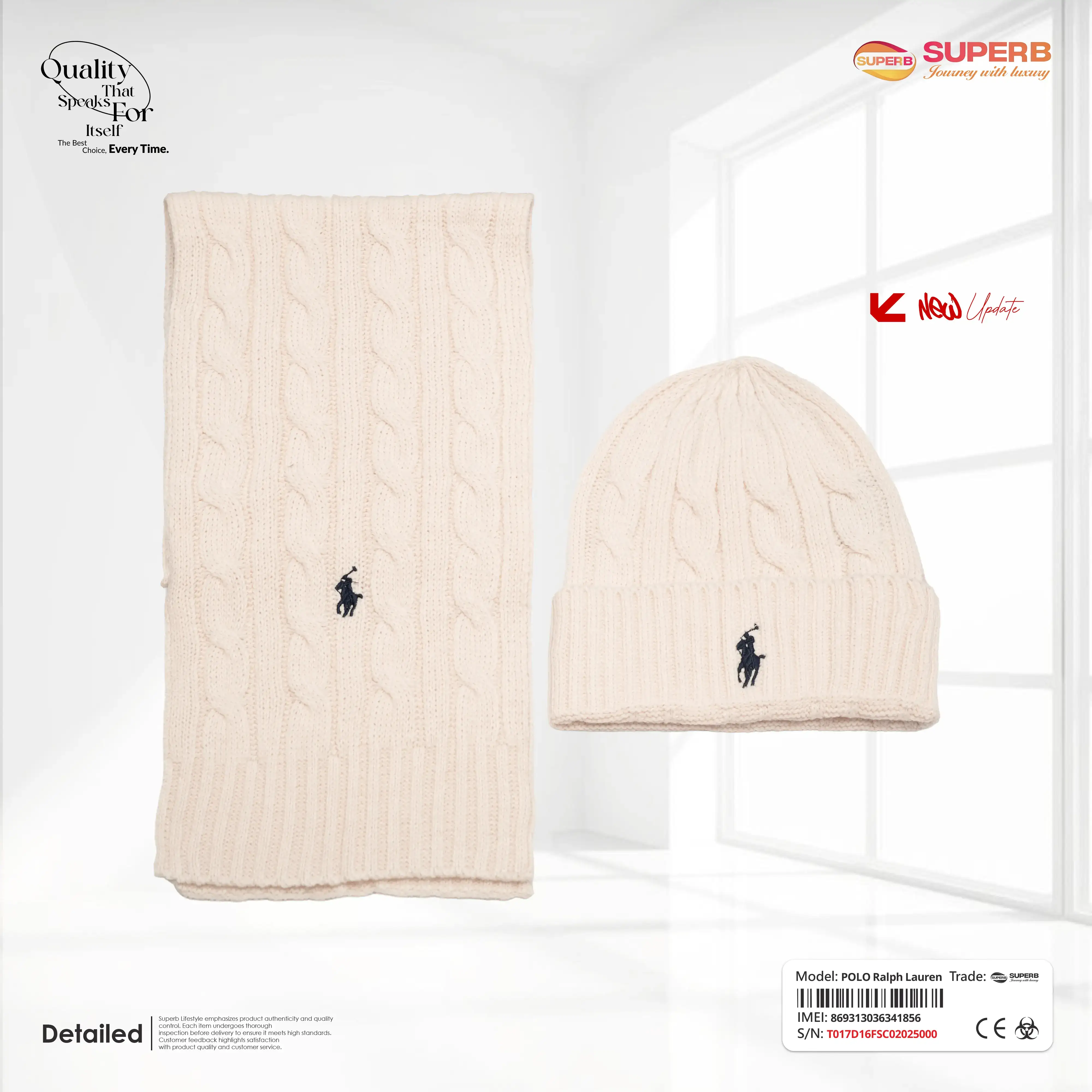 Ralph Lauren Unisex Cable-Knit Beanie & Scarf Set – 100% Wool || Superb - Off-white