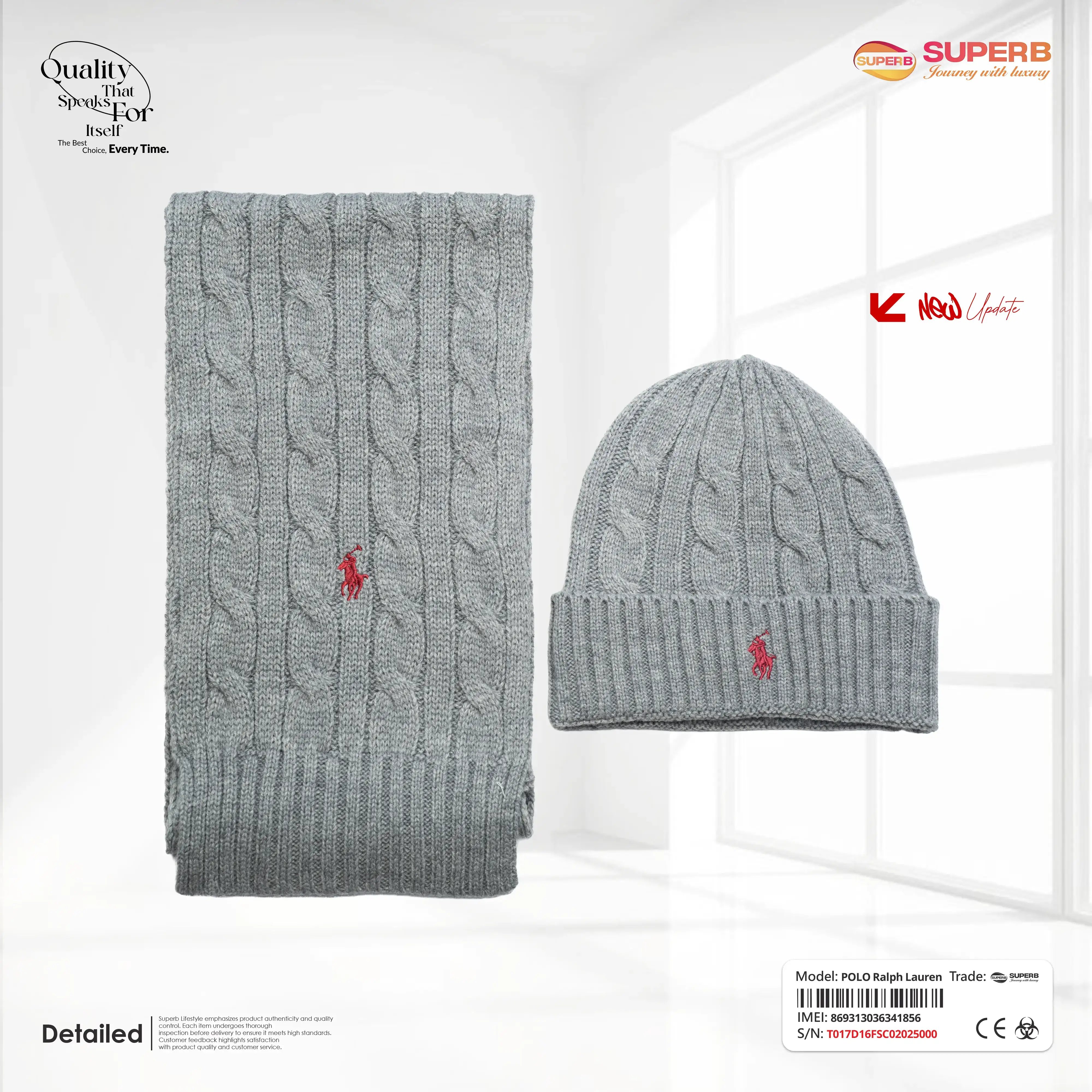 Ralph Lauren Unisex Cable-Knit Beanie & Scarf Set – 100% Wool || Superb - Ash