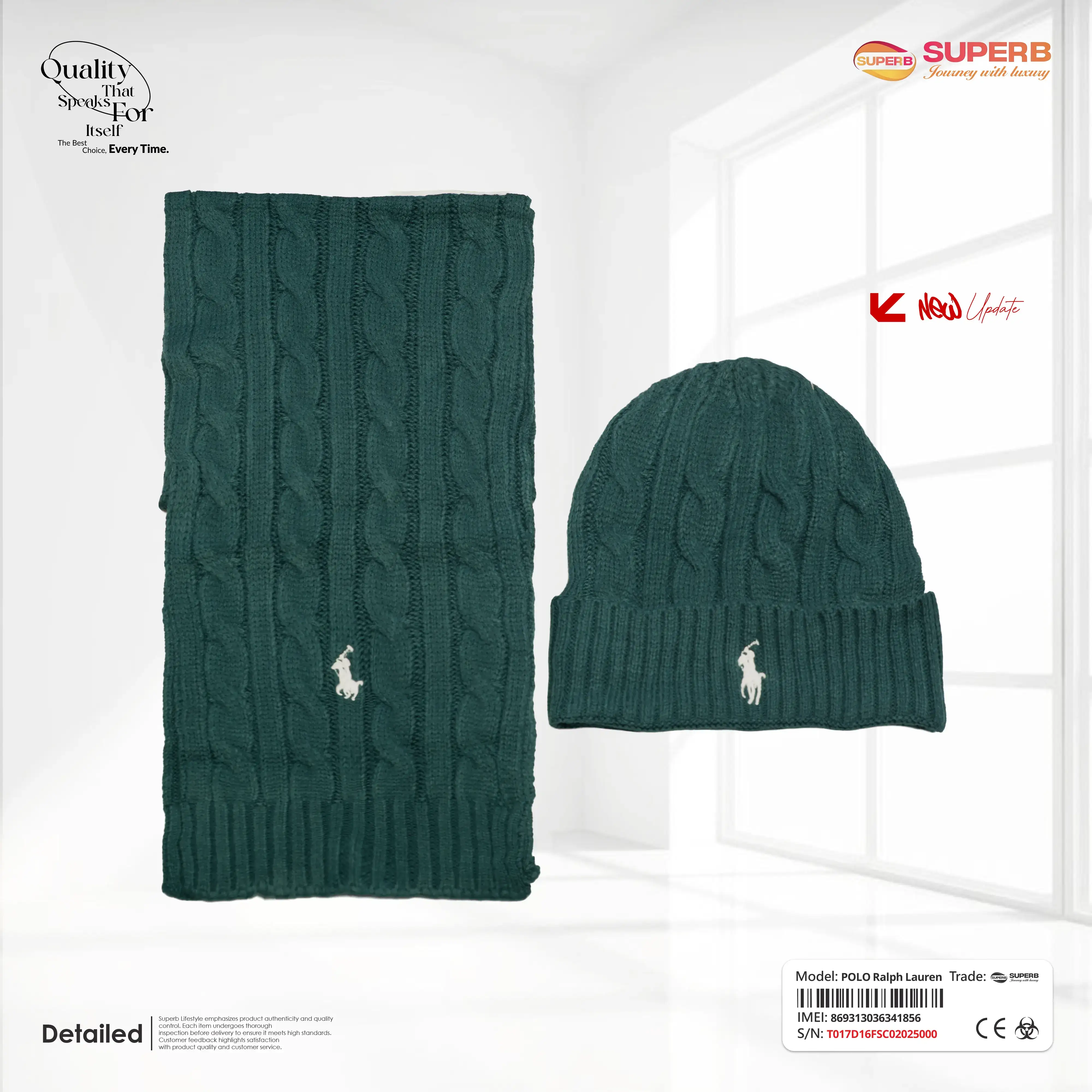 Ralph Lauren Unisex Cable-Knit Beanie & Scarf Set – 100% Wool || Superb - Green