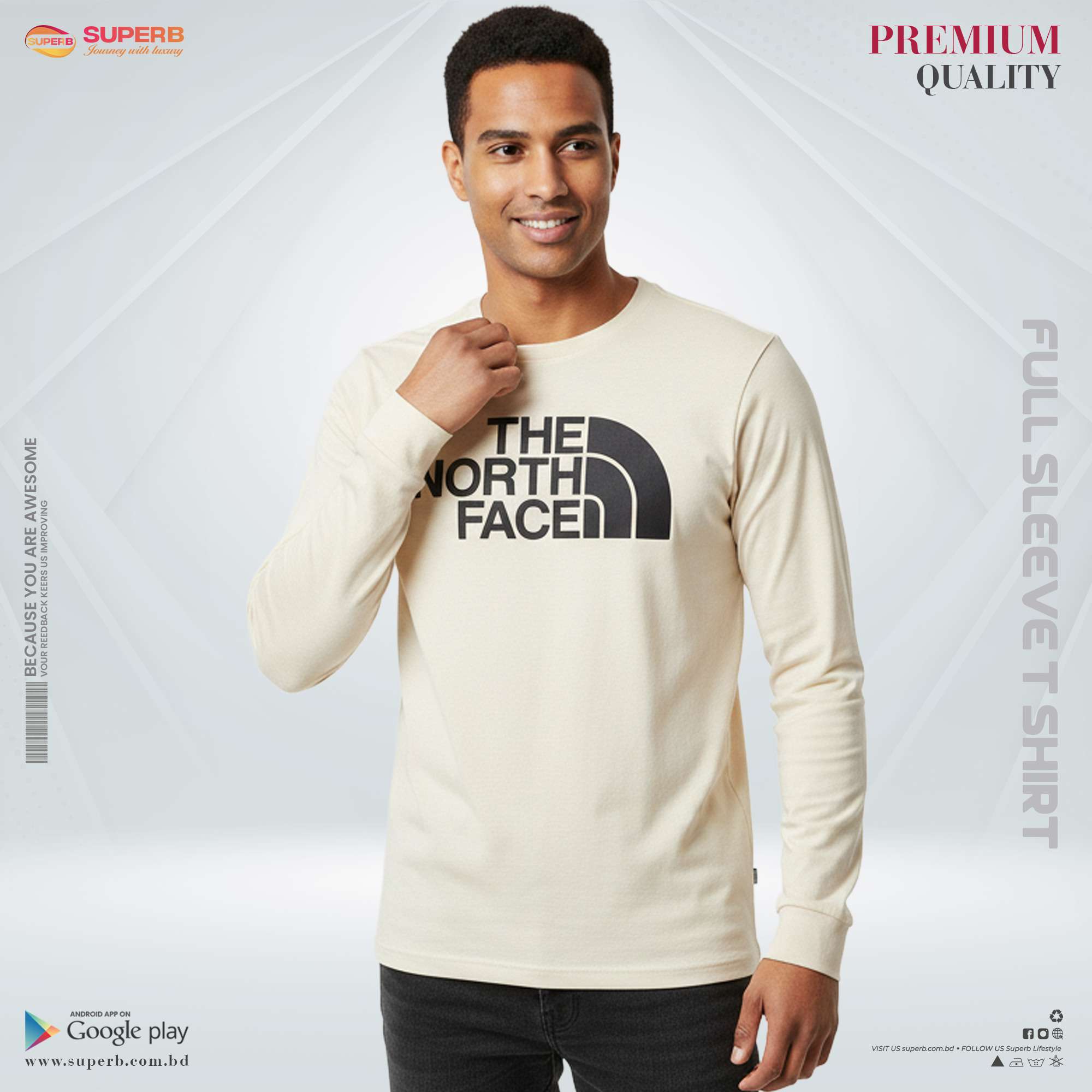 The North Face Premium Full Sleeve T-Shirt | 200+ GSM Cotton Comfort Wear - Beige