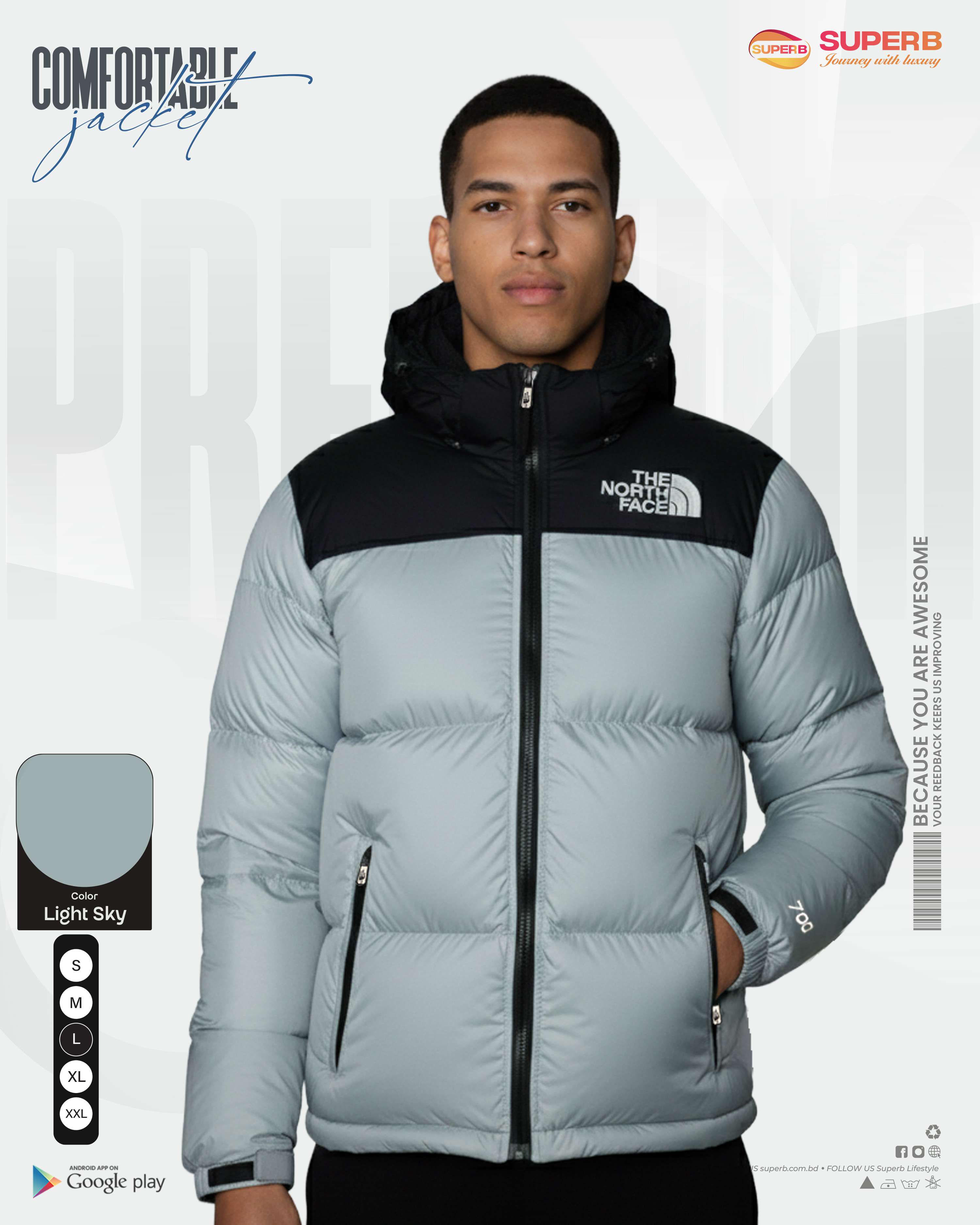 The North Face – 1996 Retro Nuptse Jacket 700 Series (2025 Model) | Superb - Sky light