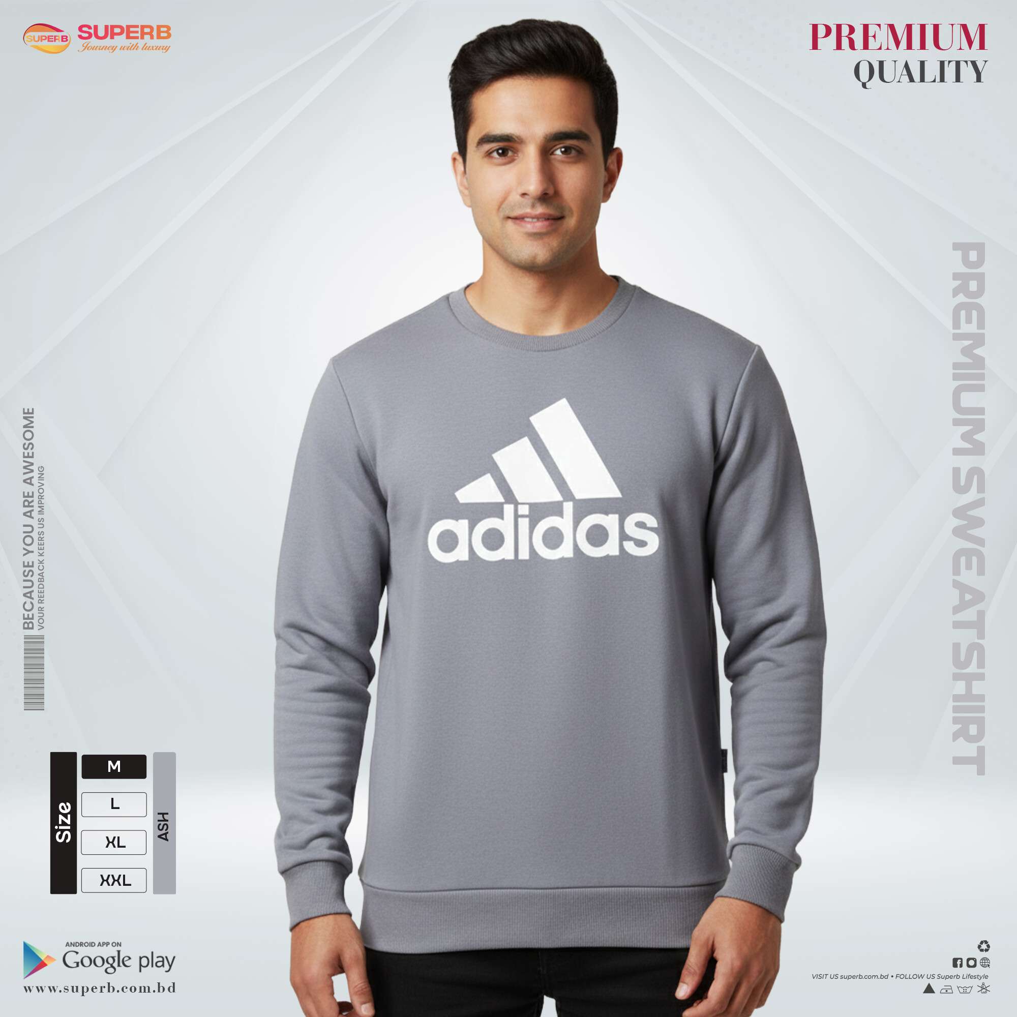 Adidas Premium 380+ GSM Unisex Sweatshirt – Ash Color | Brushed Inner | Superb - Ash