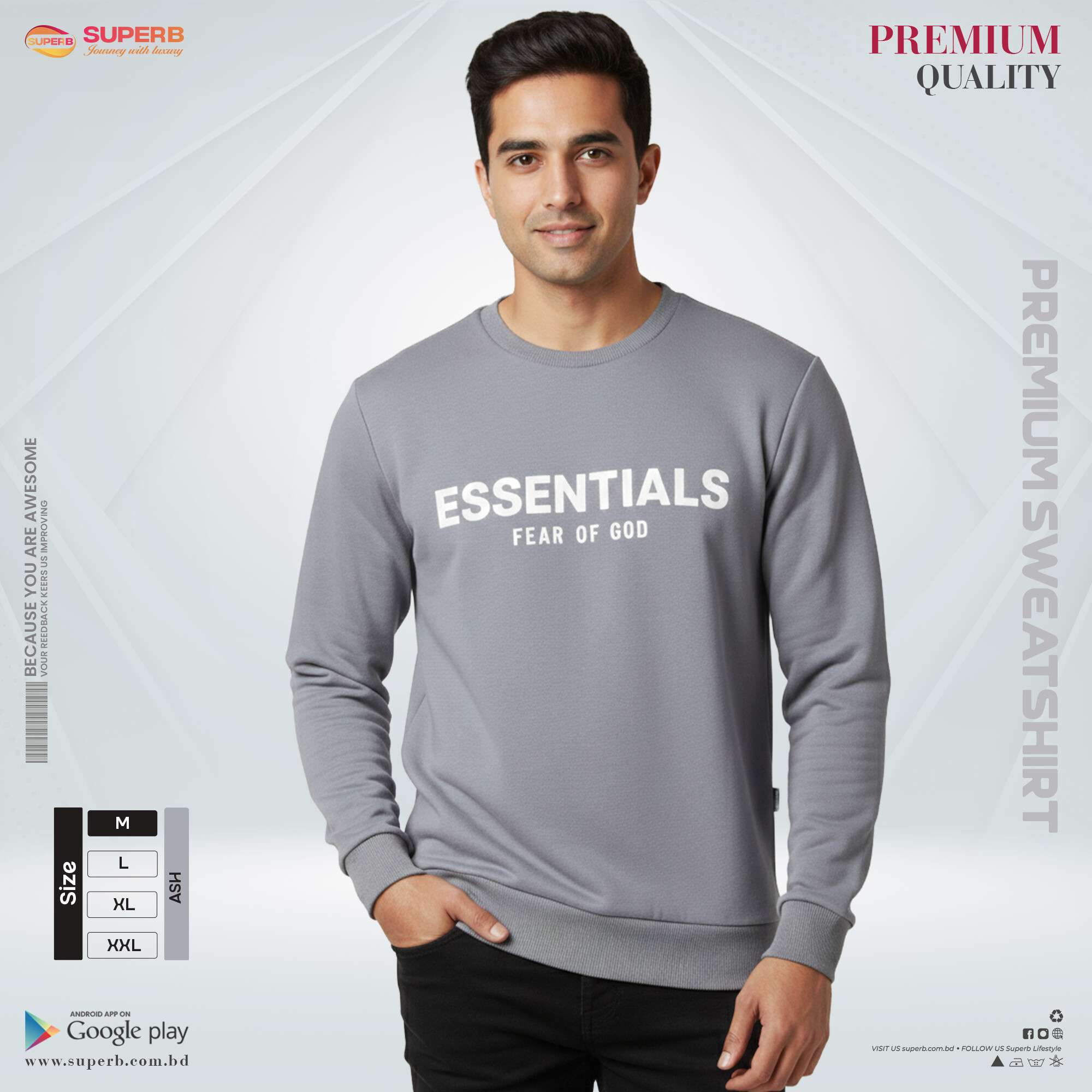 ESSENTIALS Premium 380+ GSM Unisex Sweatshirt – Ash Color | Brushed Inner | M-XXL - Ash
