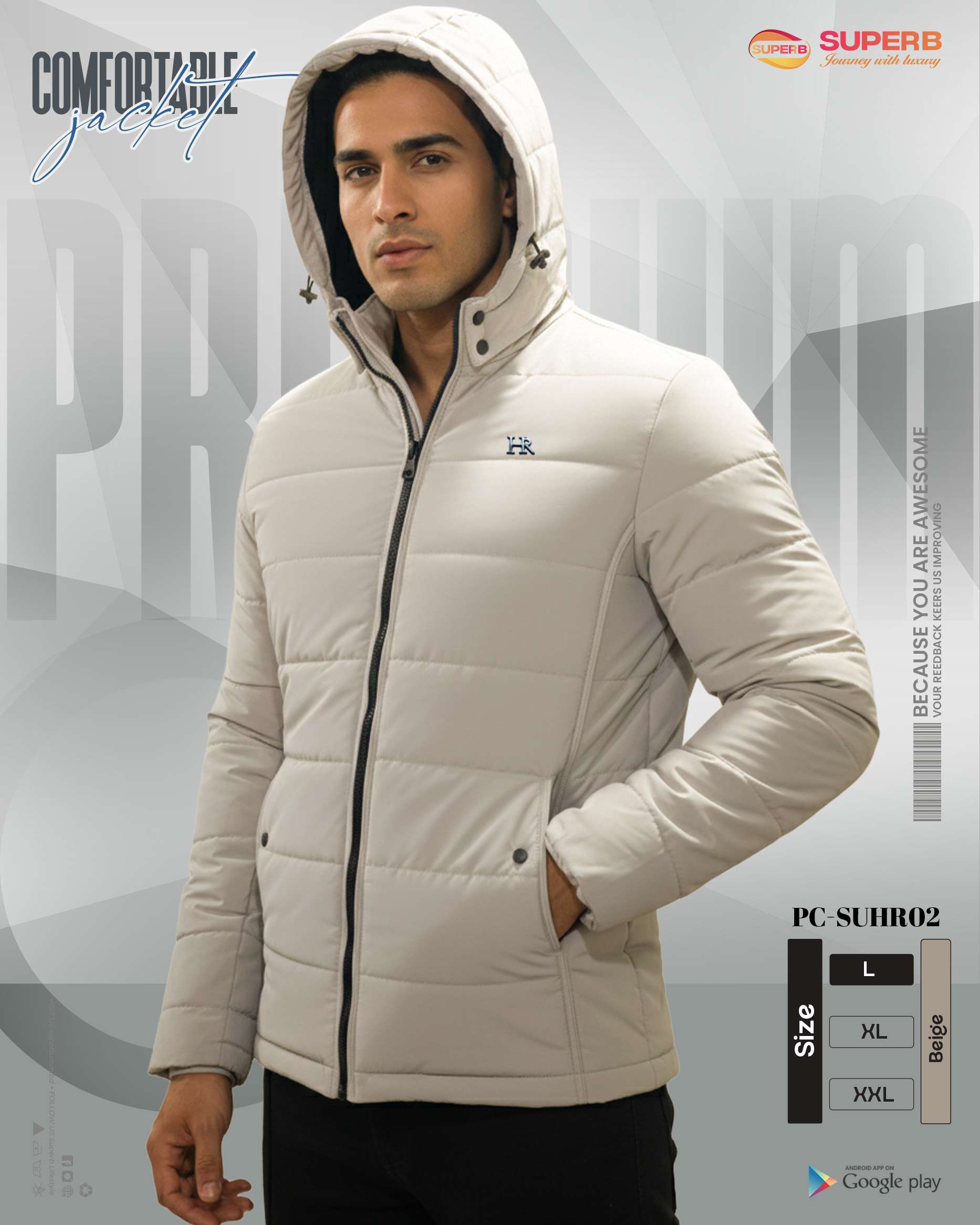 HR Premium Inner Sherpa Puffer Jacket – Beige | Ultra-Warm –40°C to –50°C Winter Protection - Beige