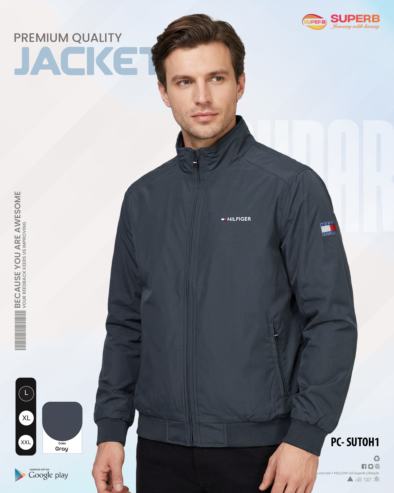 Tommy Hilfiger Premium High-Neck Casual Jacket || Superb - Gray