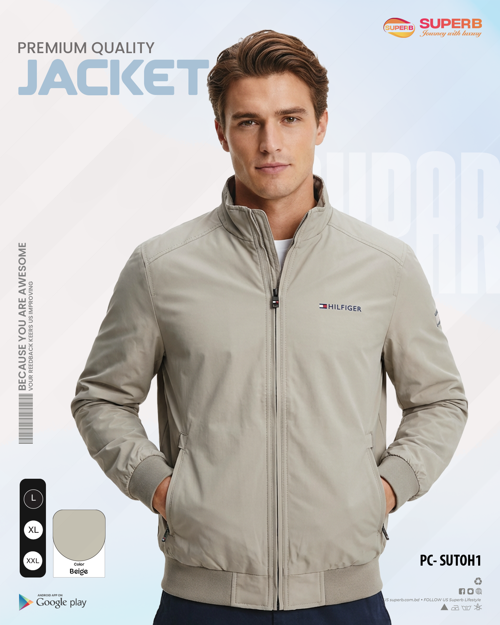 Tommy Hilfiger Premium High-Neck Casual Jacket || Superb - Beige