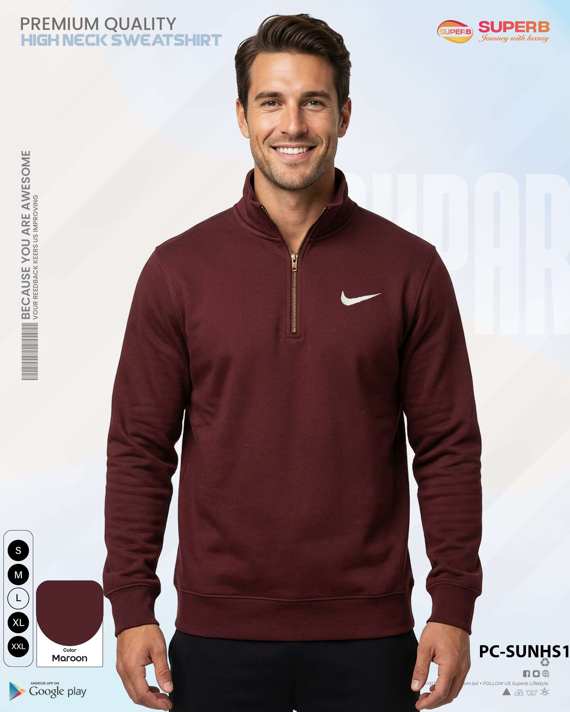 Nike Unisex High-Neck Sweatshirt – Brusho Inner | 350+ GSM || Superb - Maroon