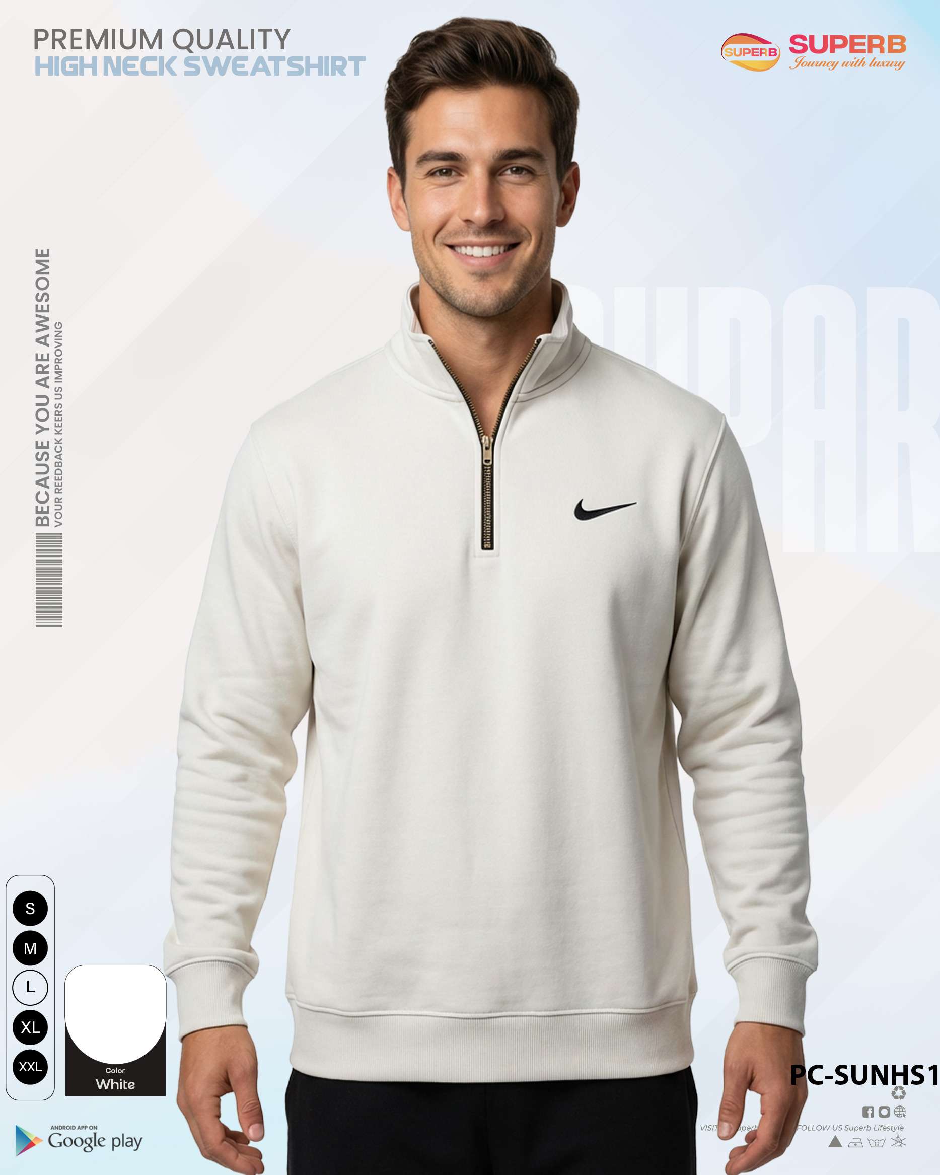 Nike Unisex High-Neck Sweatshirt – Brusho Inner | 350+ GSM || Superb - White
