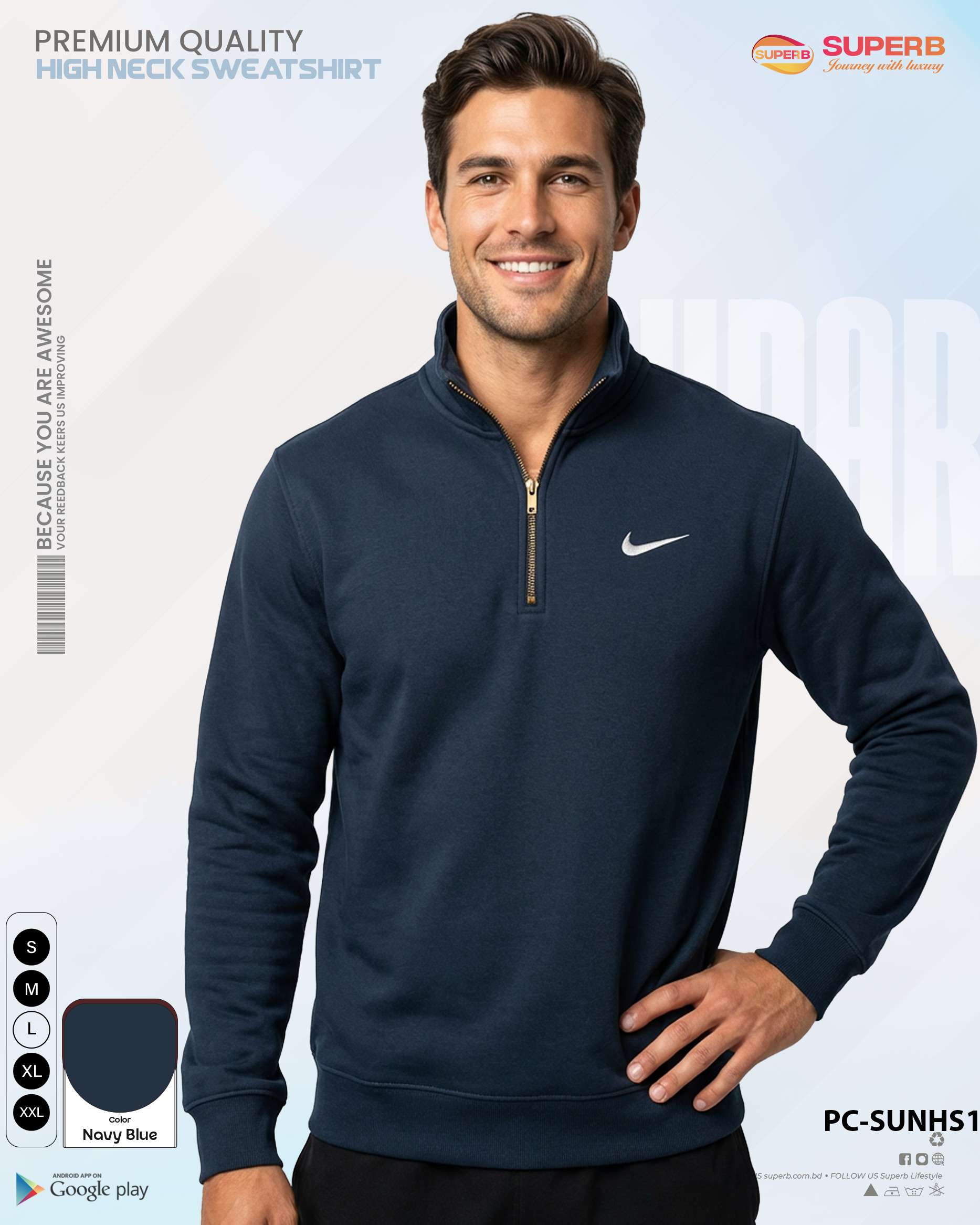 Nike Unisex High-Neck Sweatshirt – Brusho Inner | 350+ GSM || Superb - Navy Blue