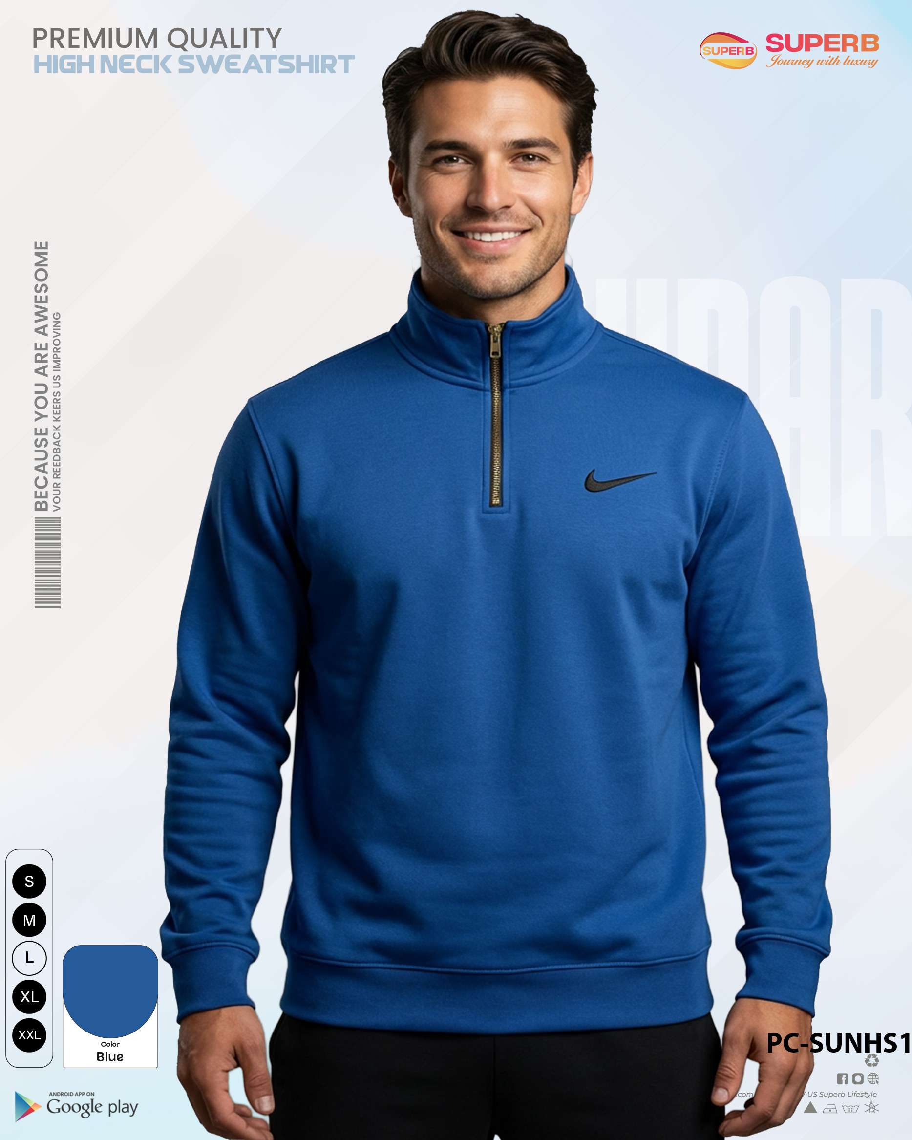 Nike Unisex High-Neck Sweatshirt – Brusho Inner | 350+ GSM || Superb - Blue