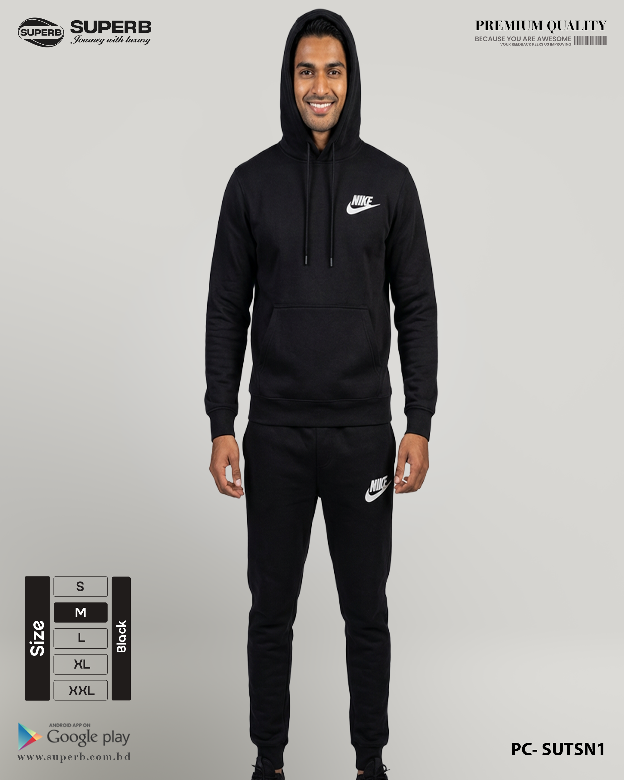 Nike Premium Tracksuit Set 380+ GSM | Winter Hoodie + Joggers | Superb Lifestyle - Black