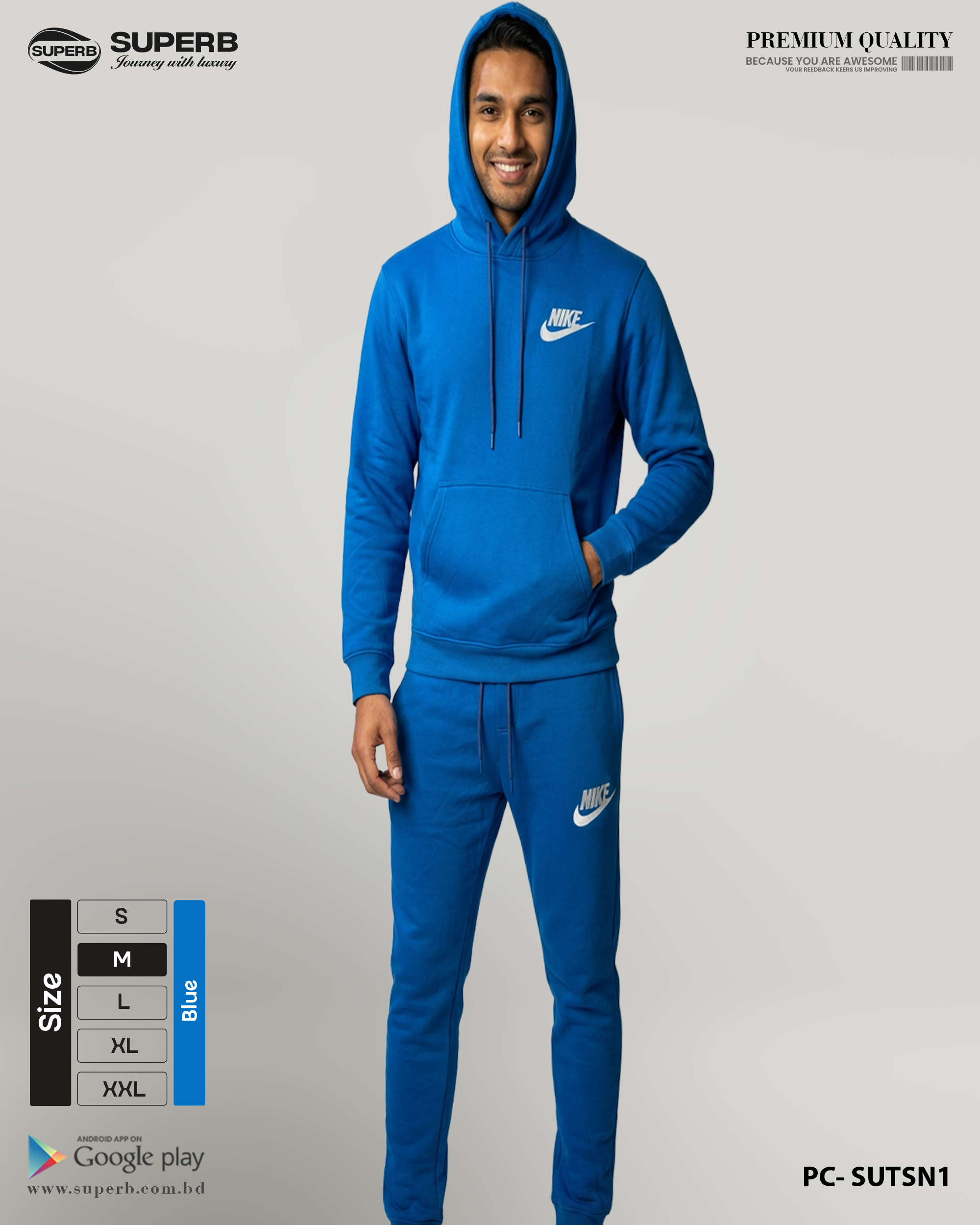 Nike Premium Tracksuit Set 380+ GSM | Winter Hoodie + Joggers | Superb Lifestyle - Blue