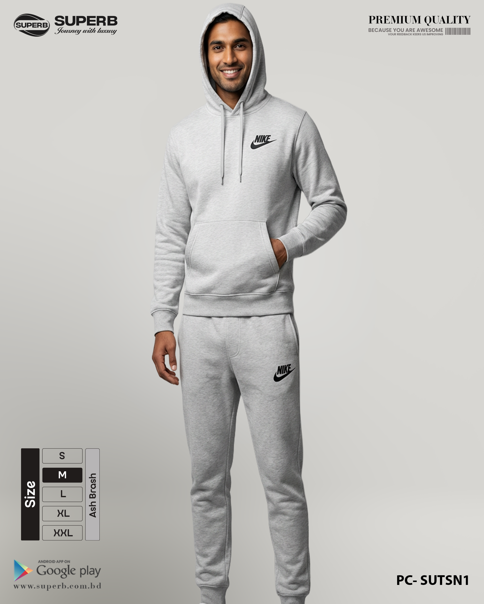 Nike Premium Tracksuit Set 380+ GSM | Winter Hoodie + Joggers | Superb Lifestyle - Ash Brash
