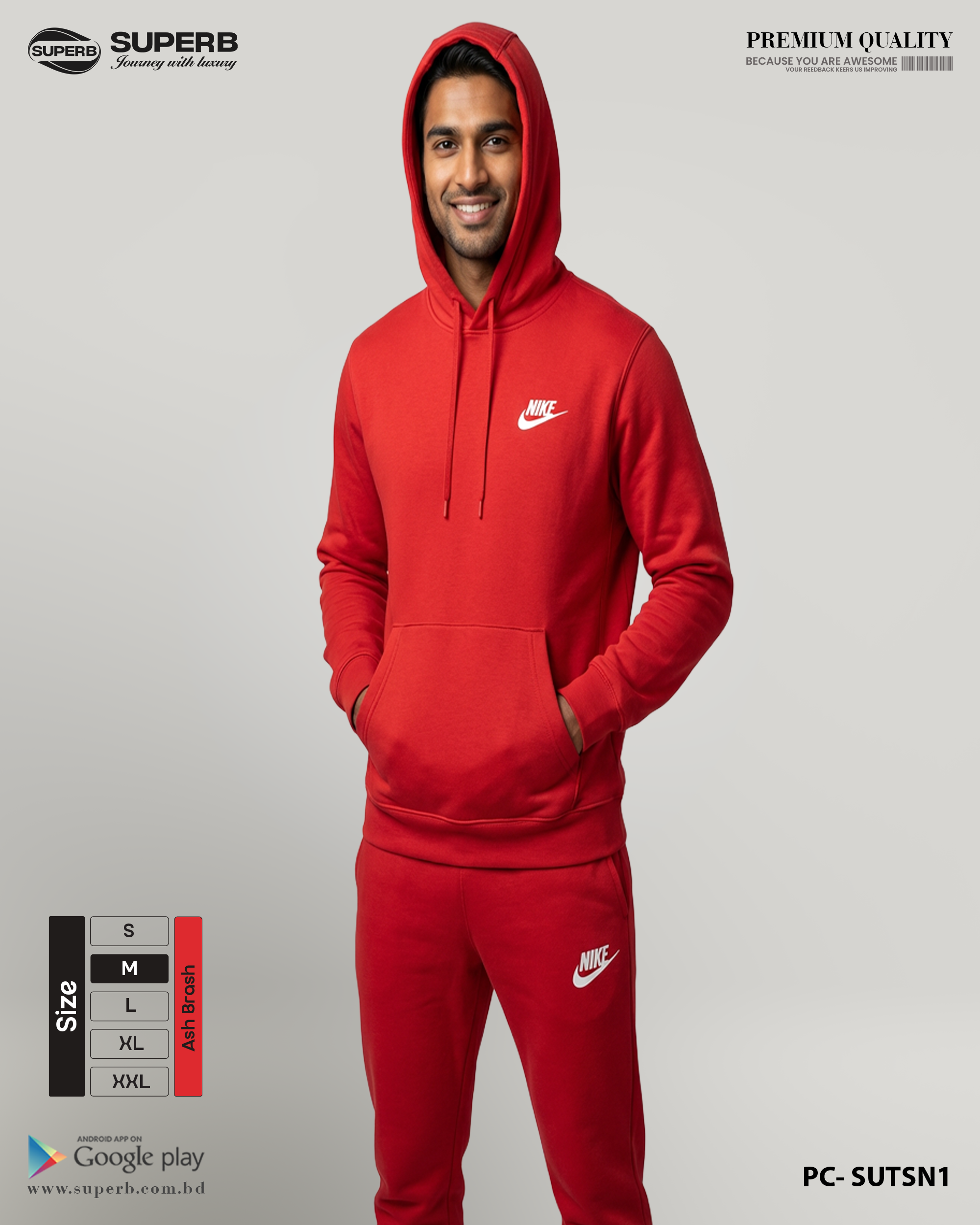 Nike Premium Tracksuit Set 380+ GSM | Winter Hoodie + Joggers | Superb Lifestyle - Red