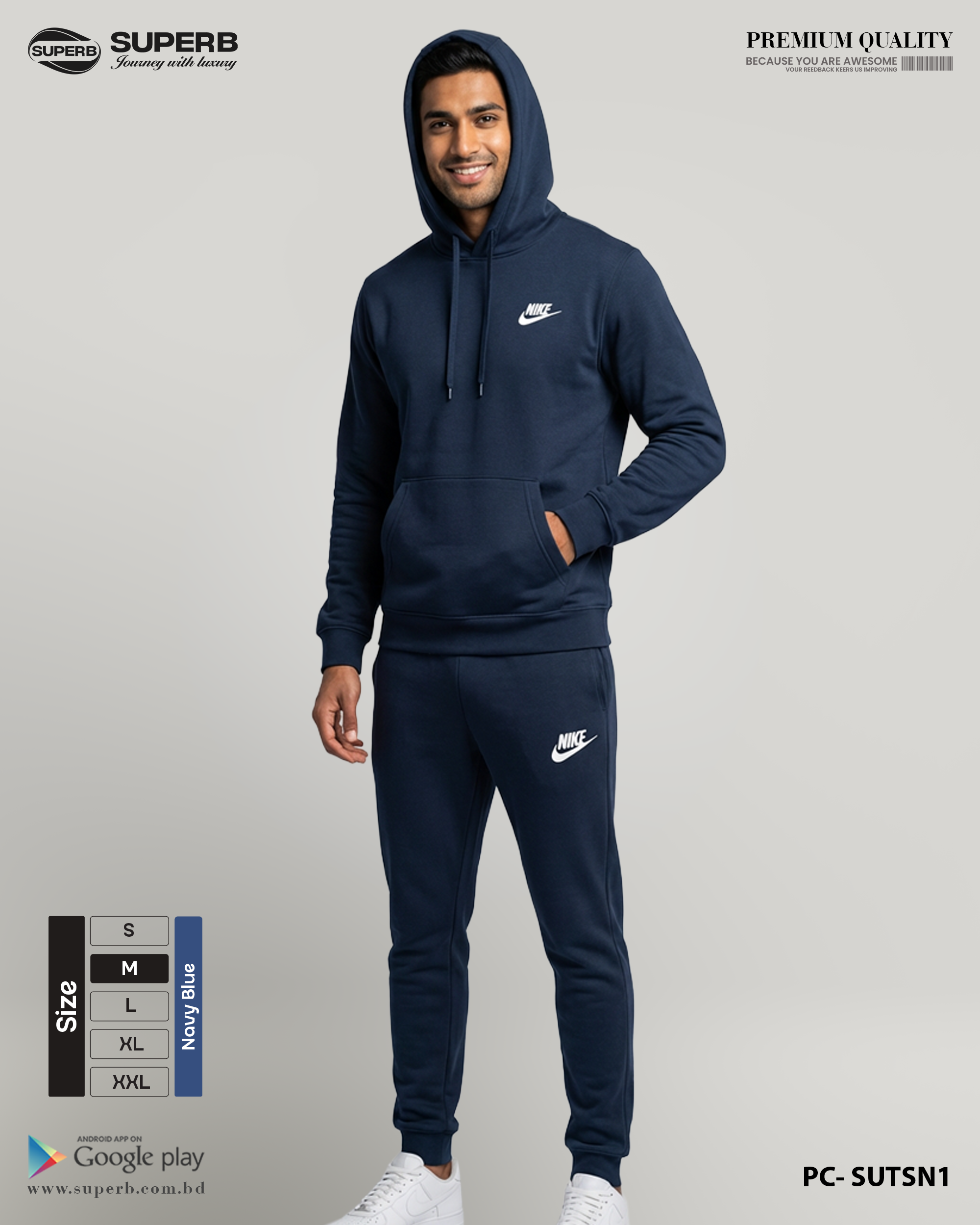 Nike Premium Tracksuit Set 380+ GSM | Winter Hoodie + Joggers | Superb Lifestyle - Navy Blue