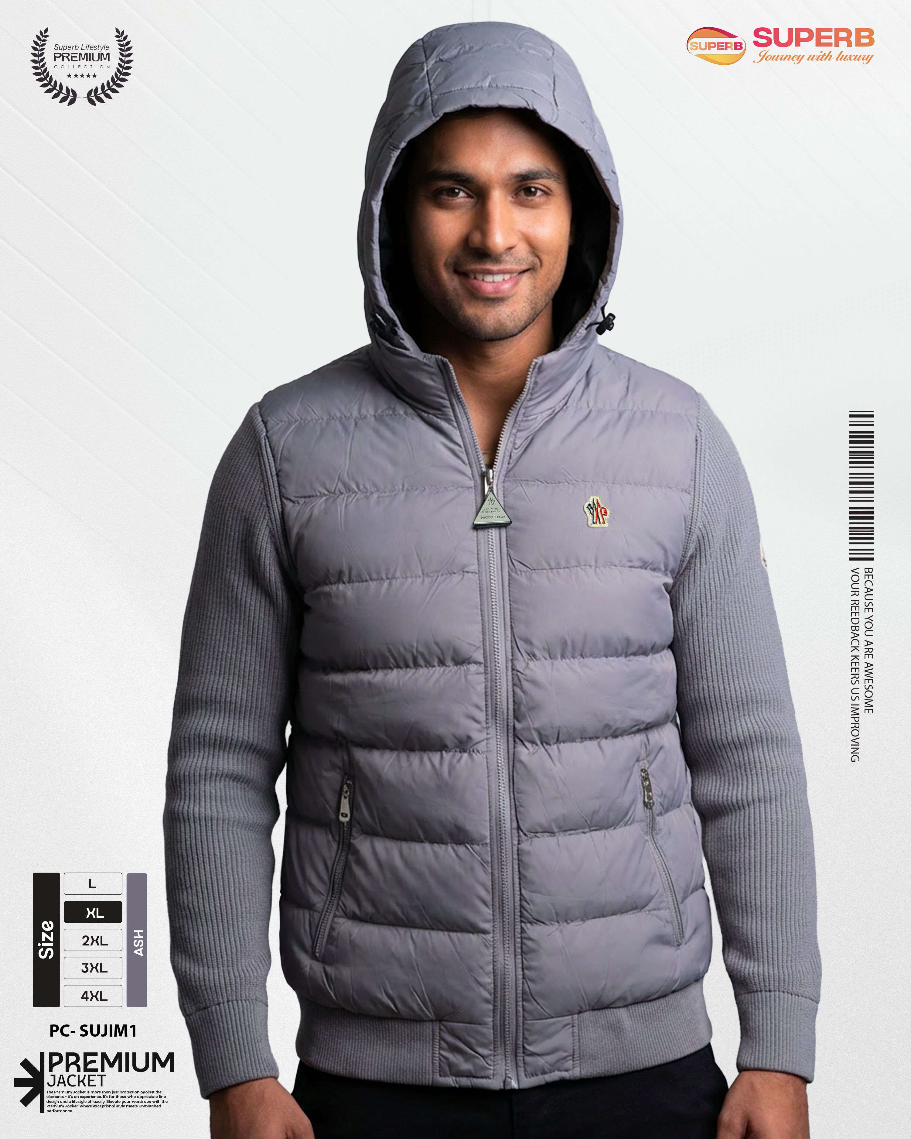 Moncler Premium Hooded Jacket  | Imported Winter Jacket || Superb LIfestyle - Ash