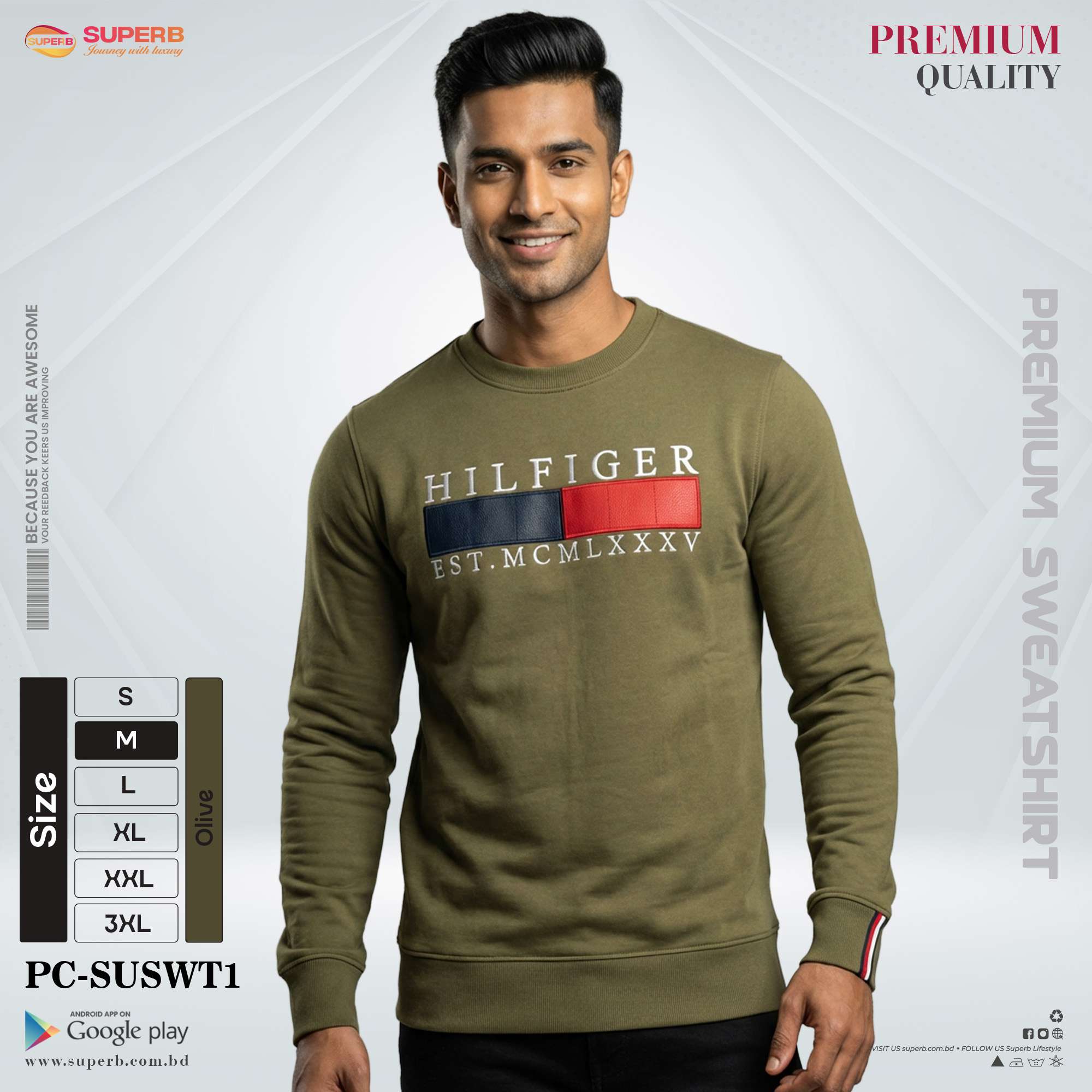 Tommy Hilfiger Premium Sweatshirt for Men | GSM 380+ Heavyweight | All Colors & Sizes - Olive