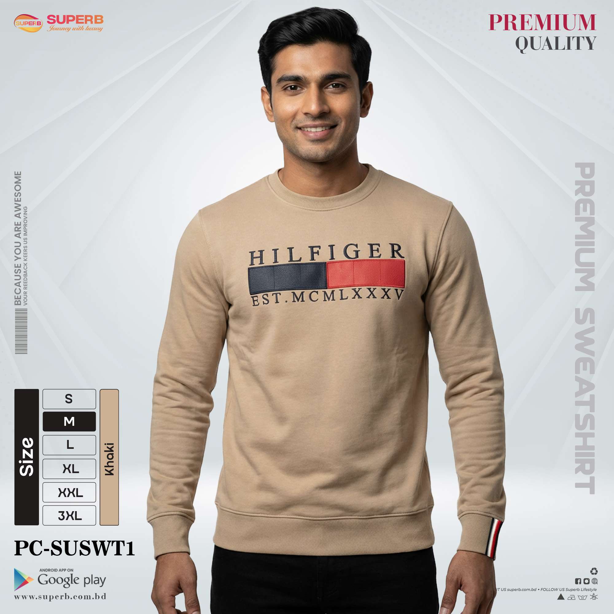Tommy Hilfiger Premium Sweatshirt for Men | GSM 380+ Heavyweight | All Colors & Sizes - Beige