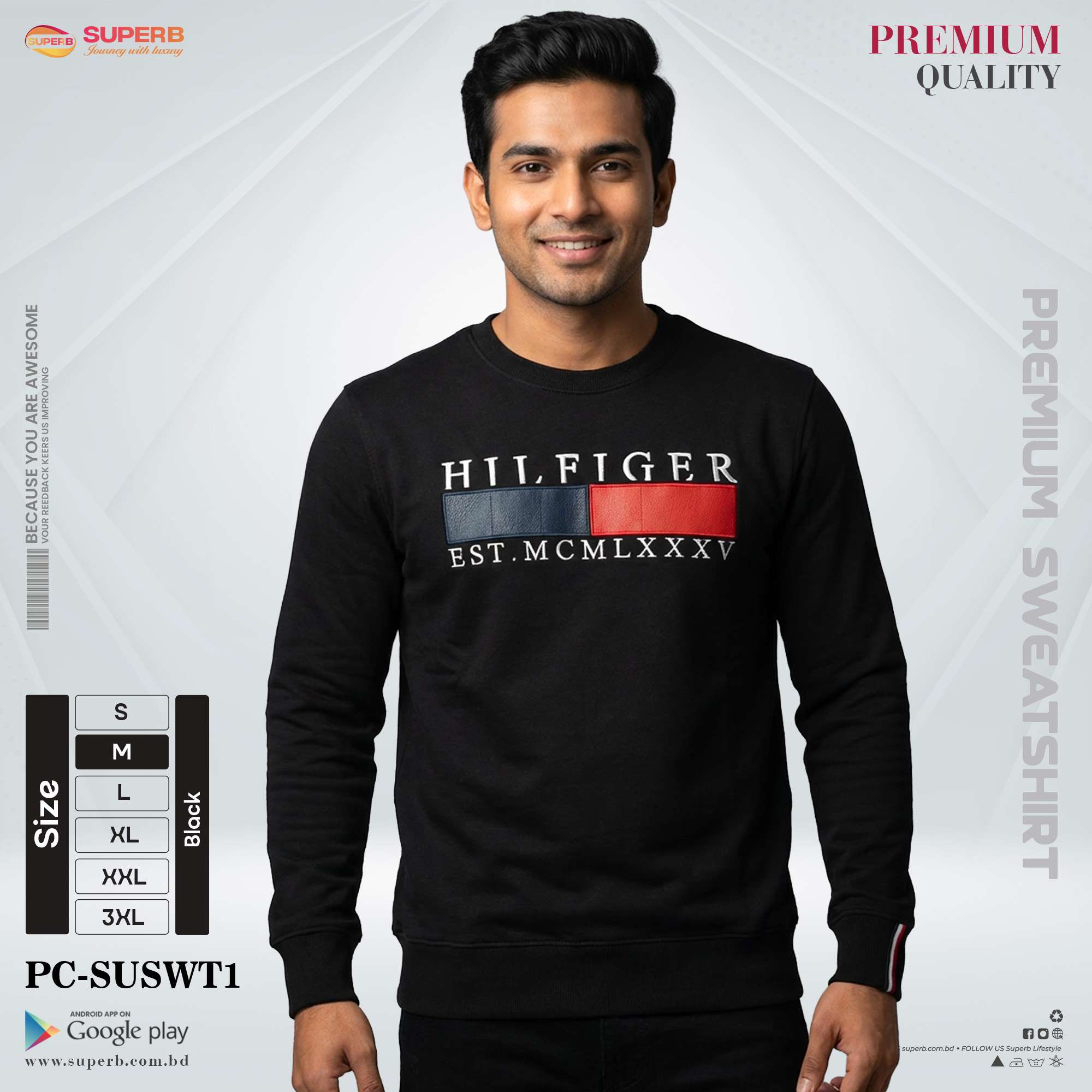 Tommy Hilfiger Premium Sweatshirt for Men | GSM 380+ Heavyweight | All Colors & Sizes - Black