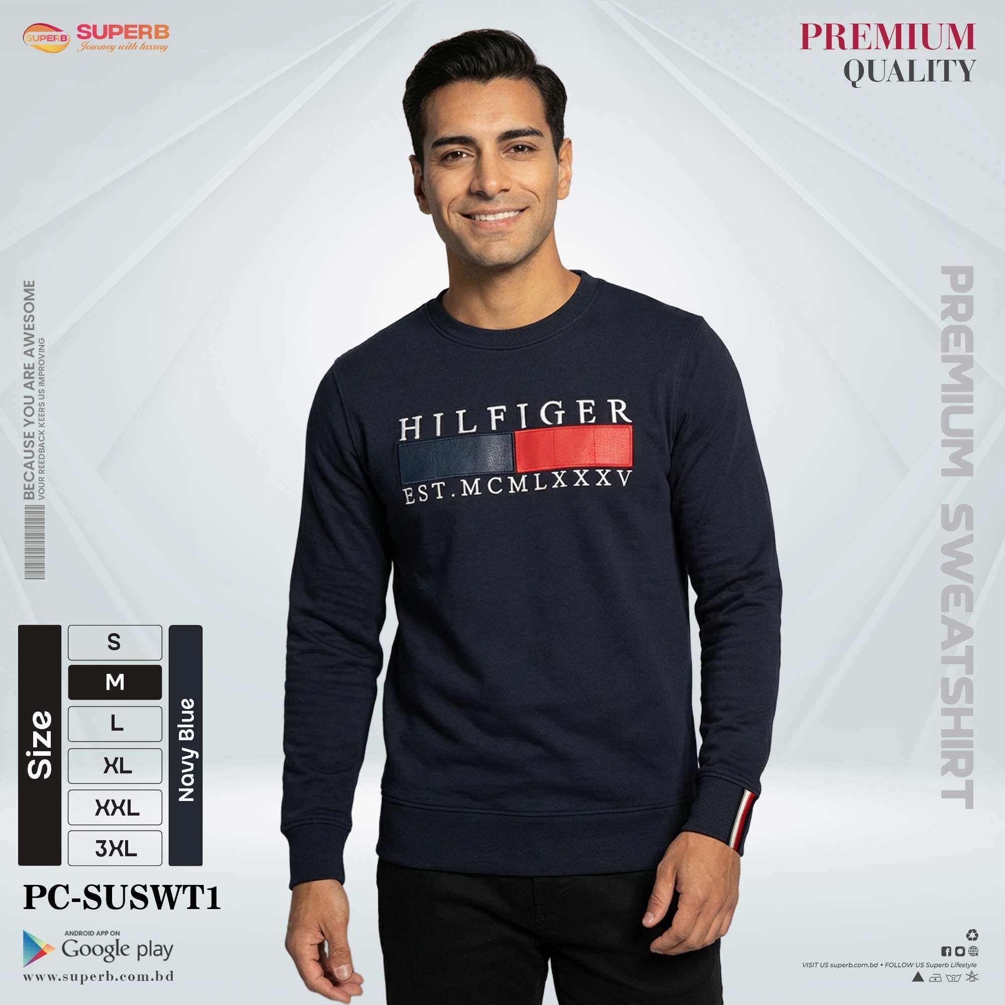 Tommy Hilfiger Premium Sweatshirt for Men | GSM 380+ Heavyweight | All Colors & Sizes - Navy Blue