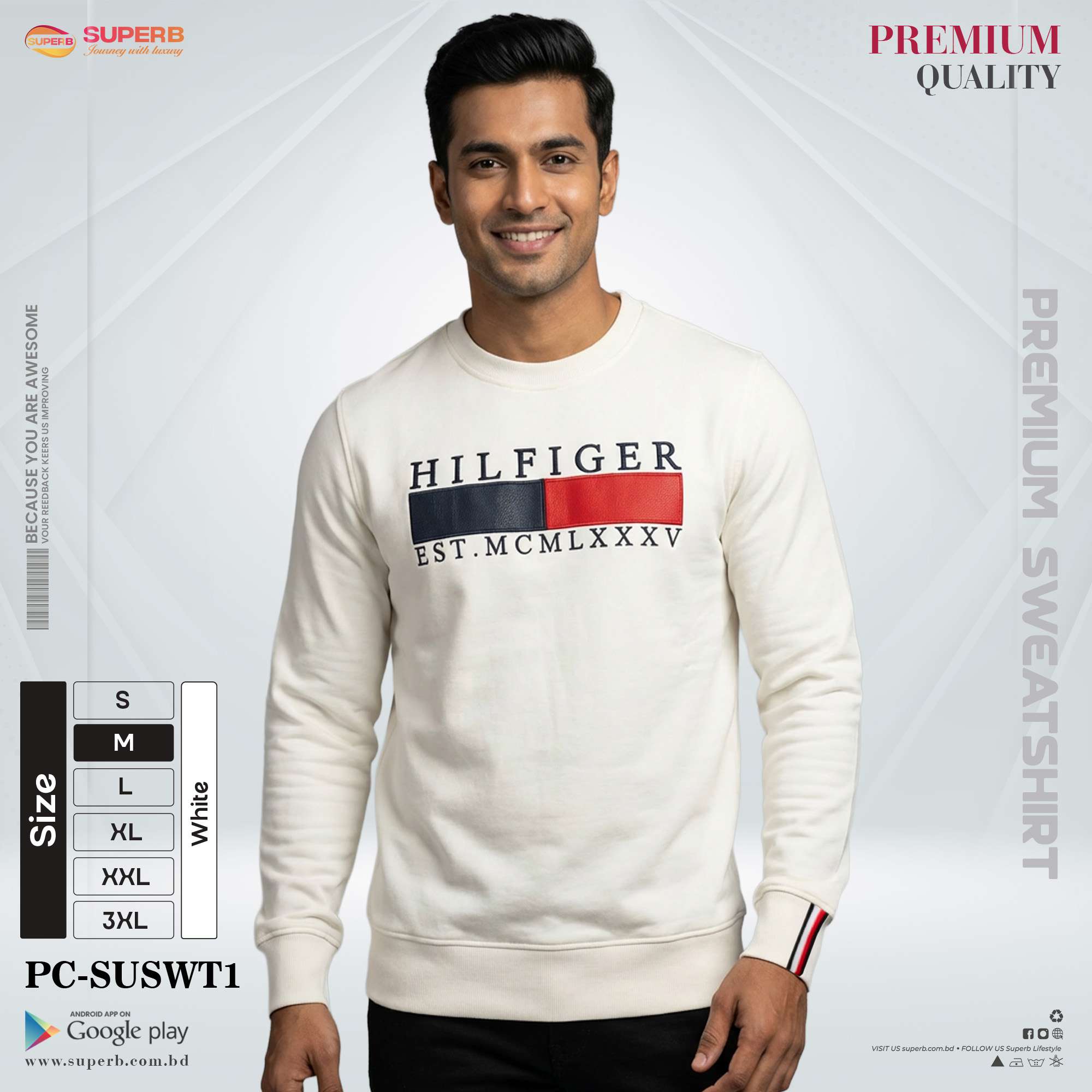 Tommy Hilfiger Premium Sweatshirt for Men | GSM 380+ Heavyweight | All Colors & Sizes - White