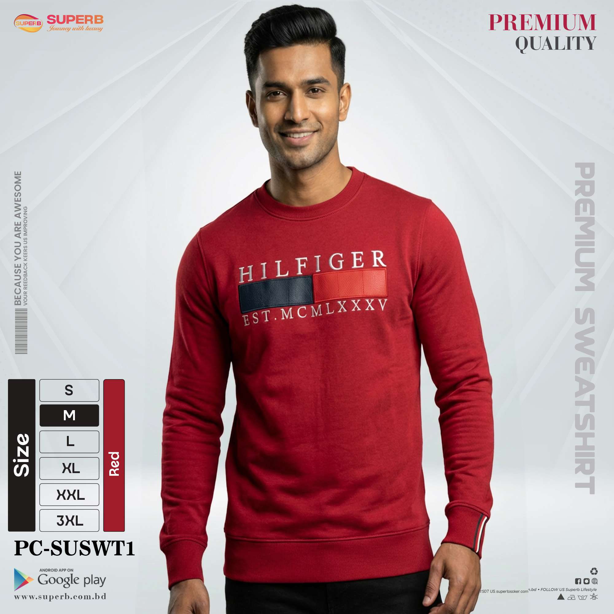 Tommy Hilfiger Premium Sweatshirt for Men | GSM 380+ Heavyweight | All Colors & Sizes - Red