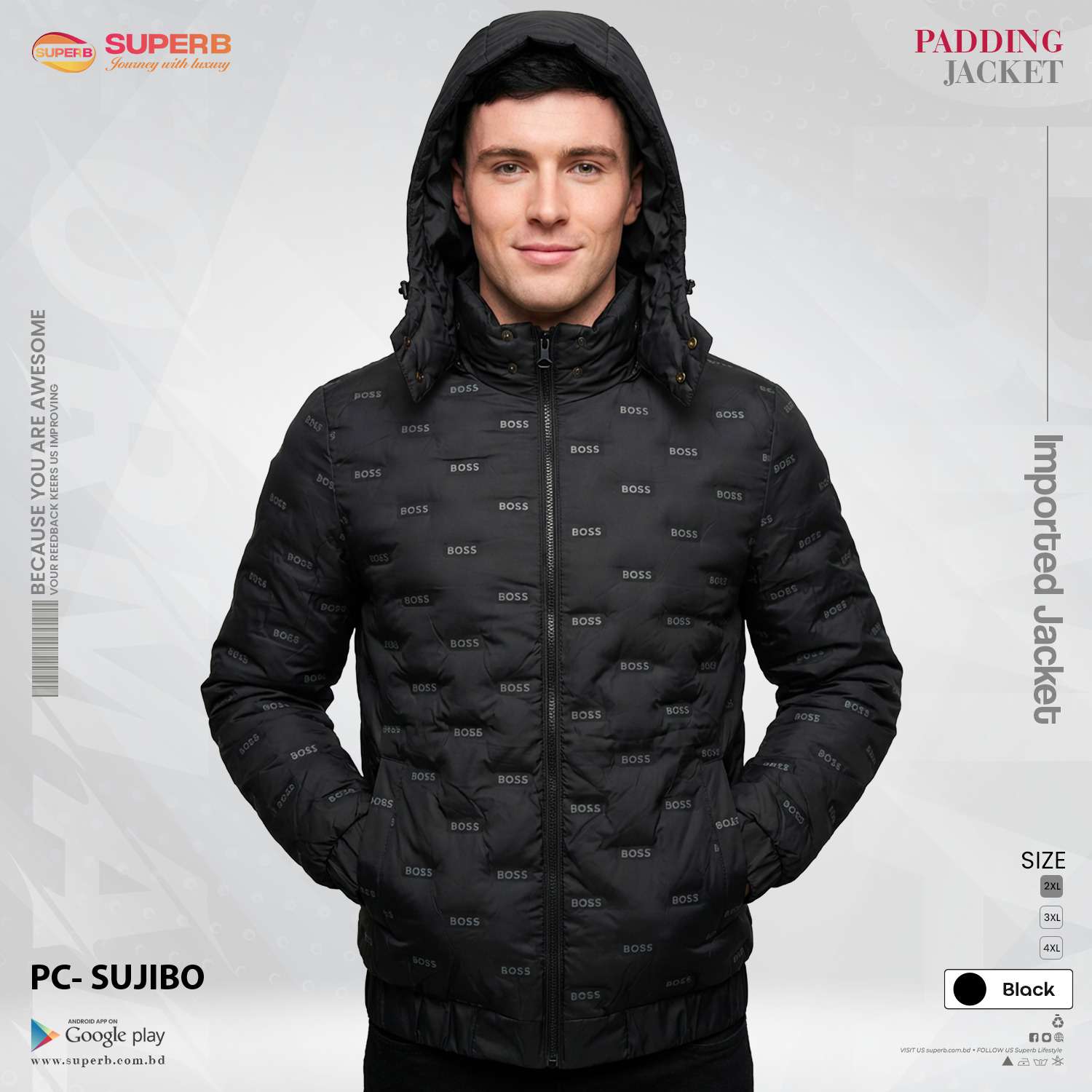 BOSS Original Imported Padded Jacket – Premium Winter Wear (Unisex) || Superb - Black