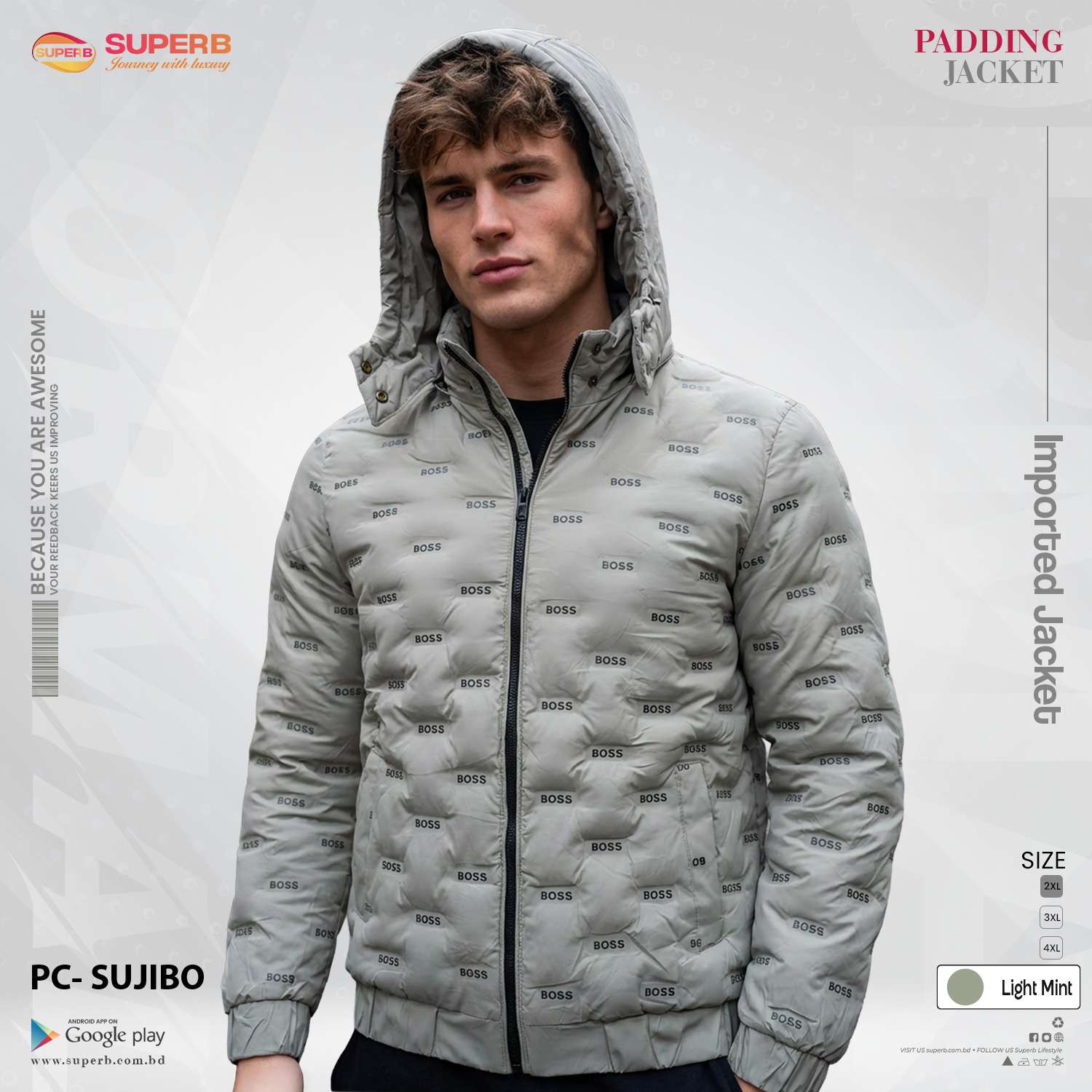 BOSS Original Imported Padded Jacket – Premium Winter Wear (Unisex) || Superb - Light Mint