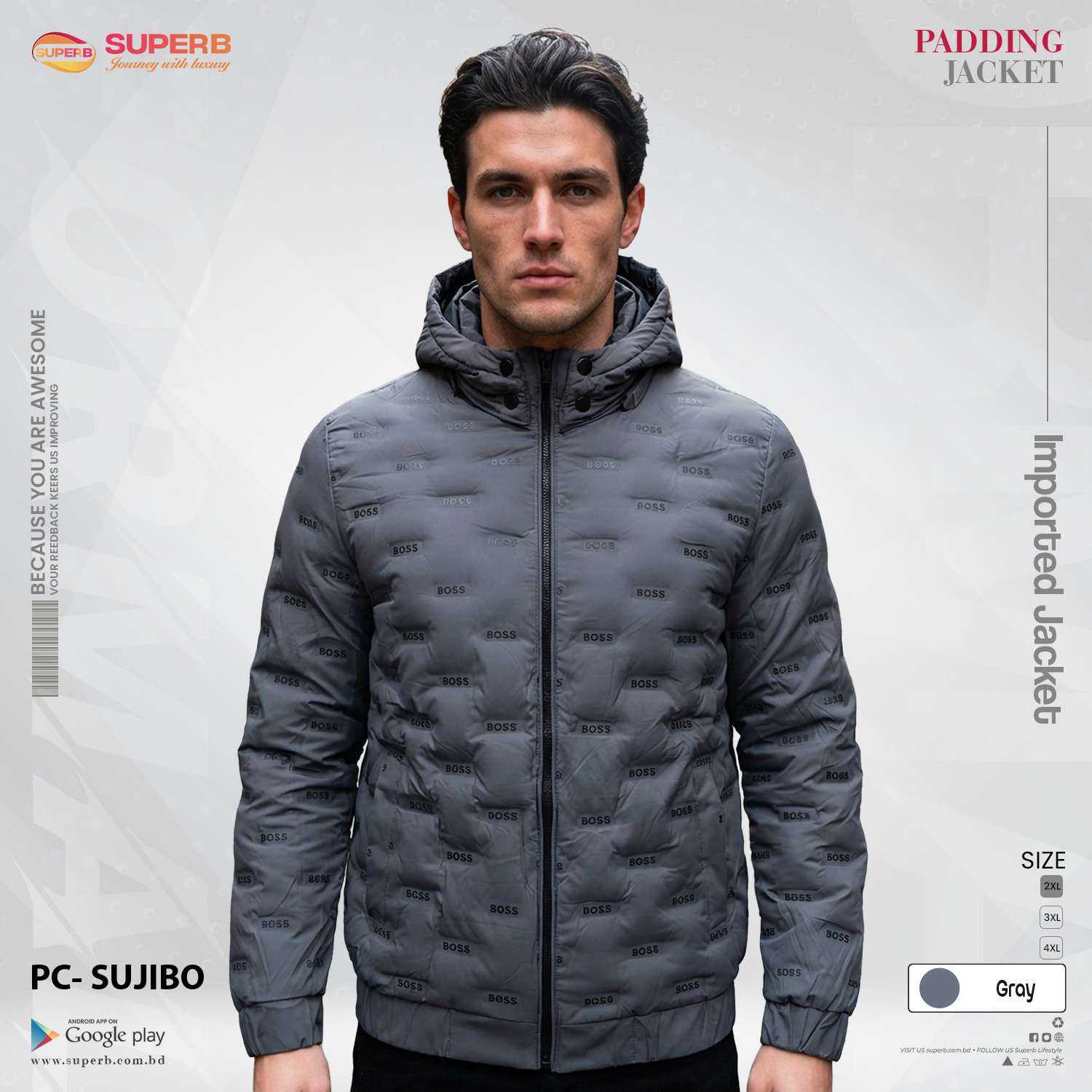 BOSS Original Imported Padded Jacket – Premium Winter Wear (Unisex) || Superb - Gray
