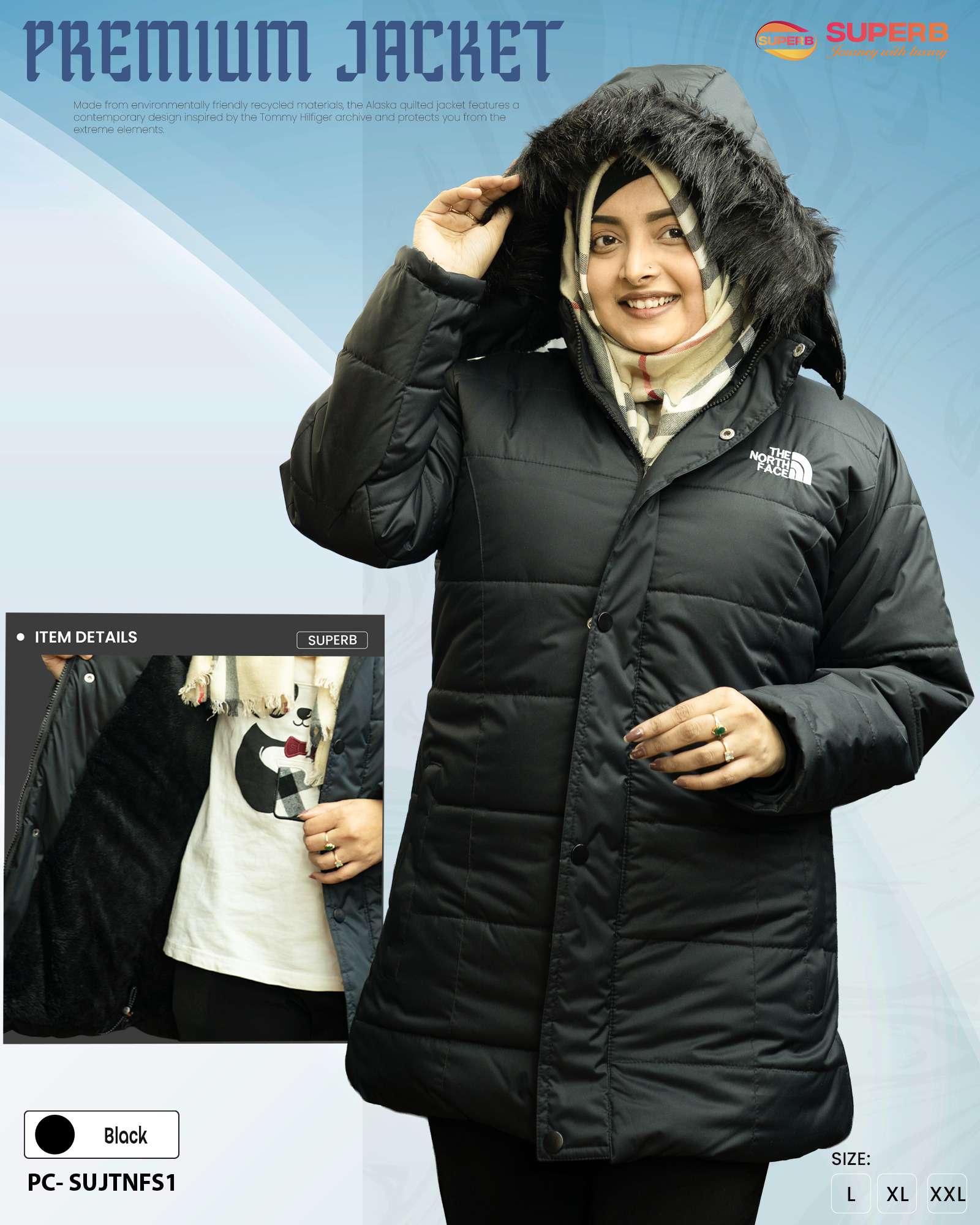 The North Face Semi-Long Ladies Winter Jacket with Removable Hood & Sherpa Lining || Superb - Black