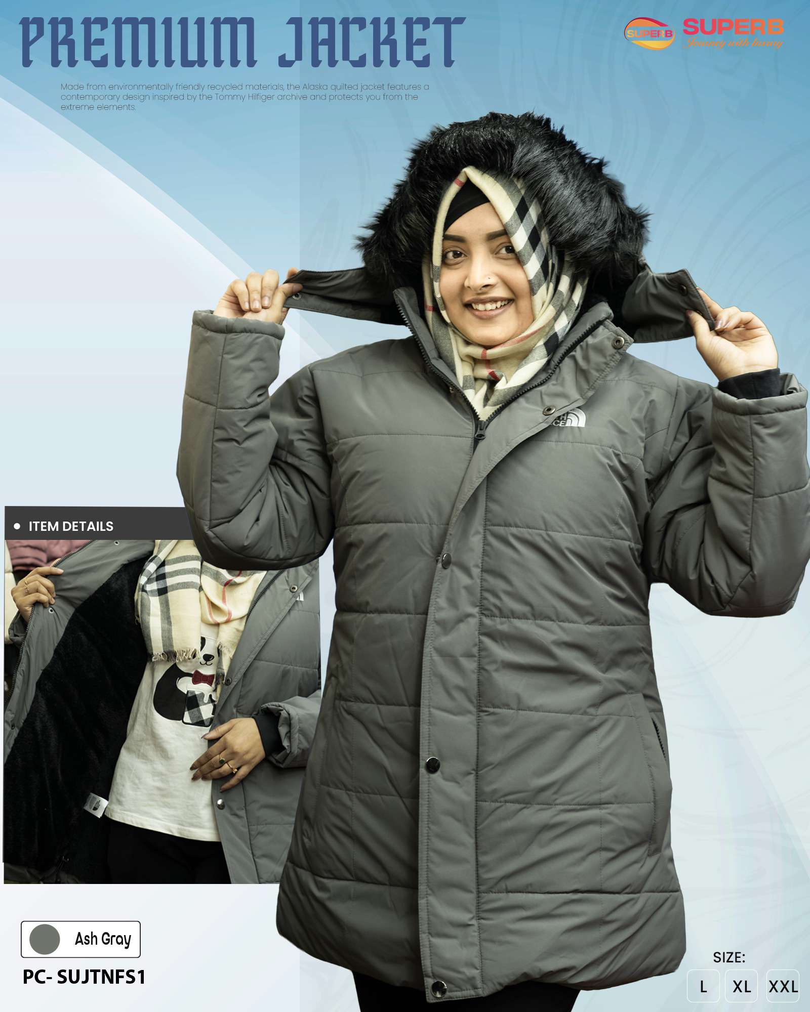 The North Face Semi-Long Ladies Winter Jacket with Removable Hood & Sherpa Lining || Superb - Ash Gray