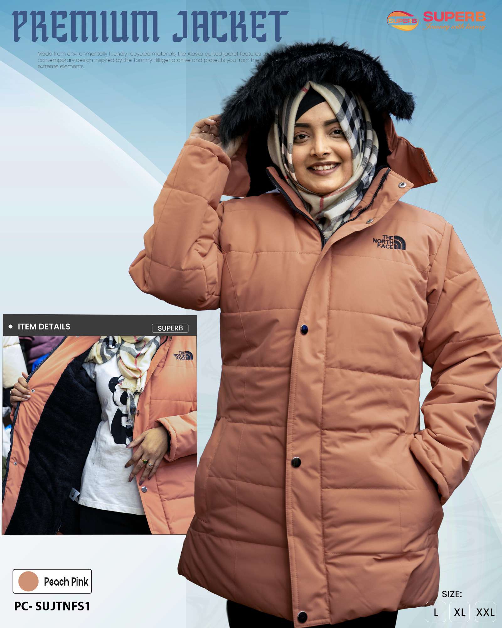 The North Face Semi-Long Ladies Winter Jacket with Removable Hood & Sherpa Lining || Superb - Peach