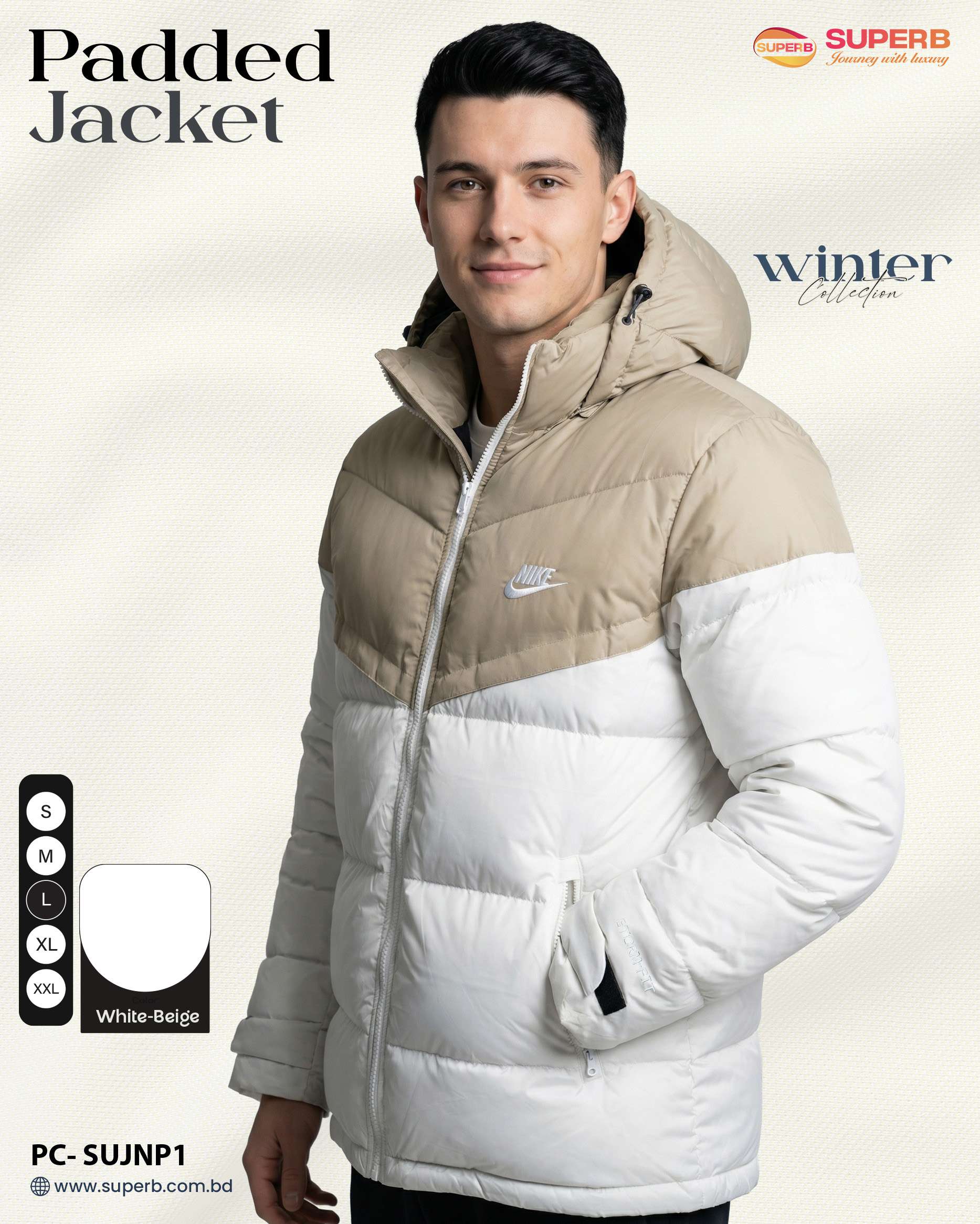 Nike Premium Contrast Padded Winter Jacket | High Warmth, Water-Resistant Export Edition - White-Beige