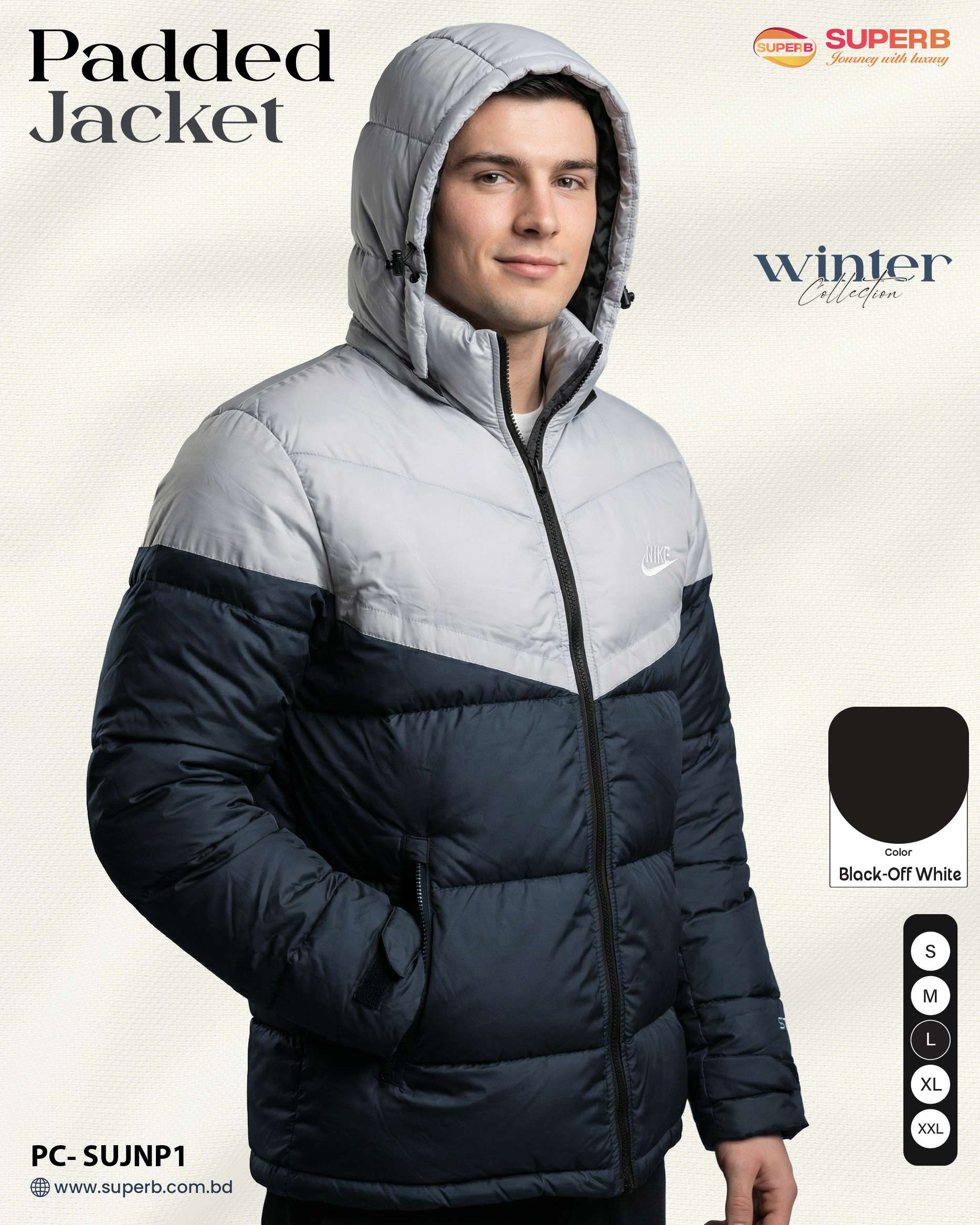 Nike Premium Contrast Padded Winter Jacket | High Warmth, Water-Resistant Export Edition - Black-Off White