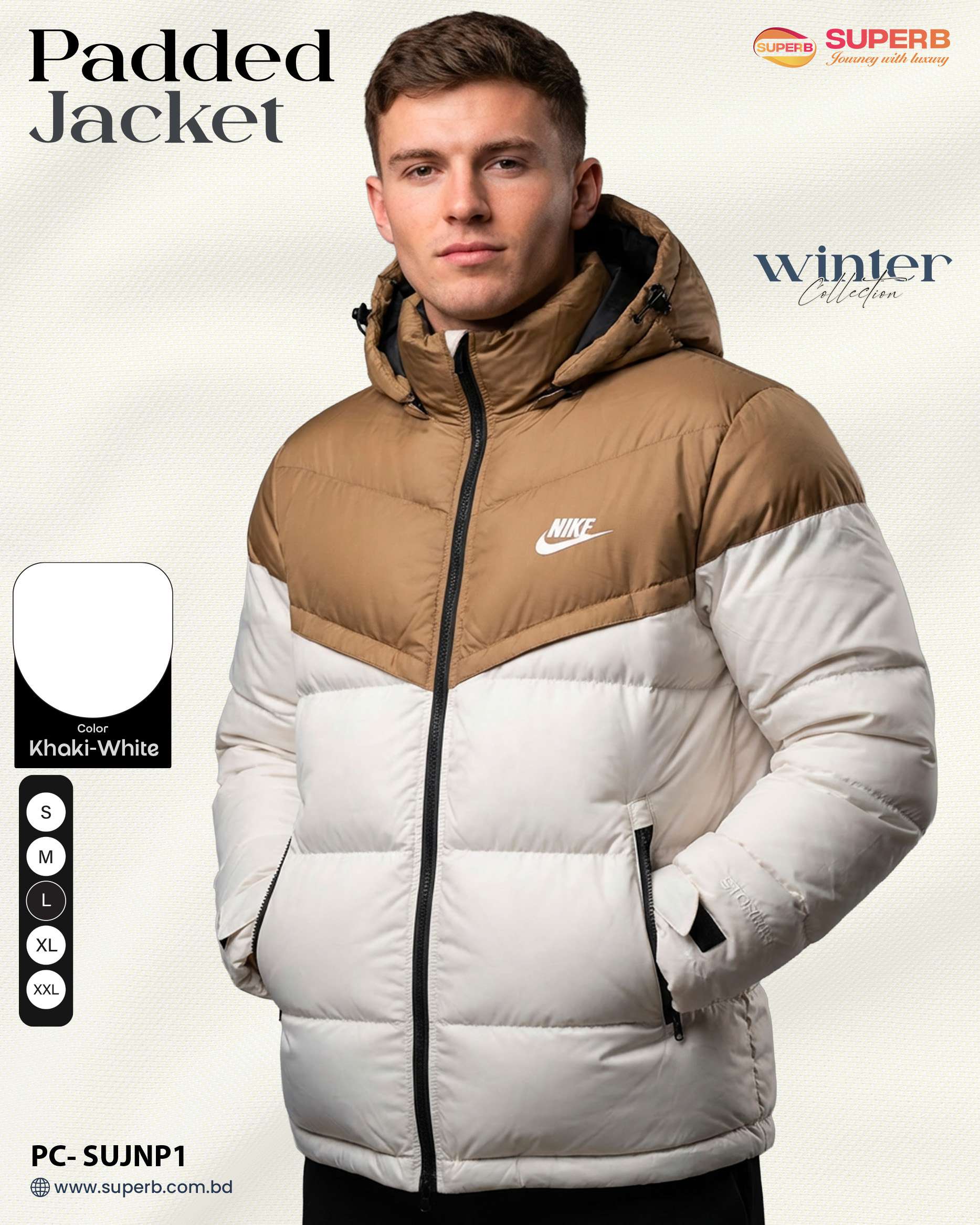 Nike Premium Contrast Padded Winter Jacket | High Warmth, Water-Resistant Export Edition - White-Khaki