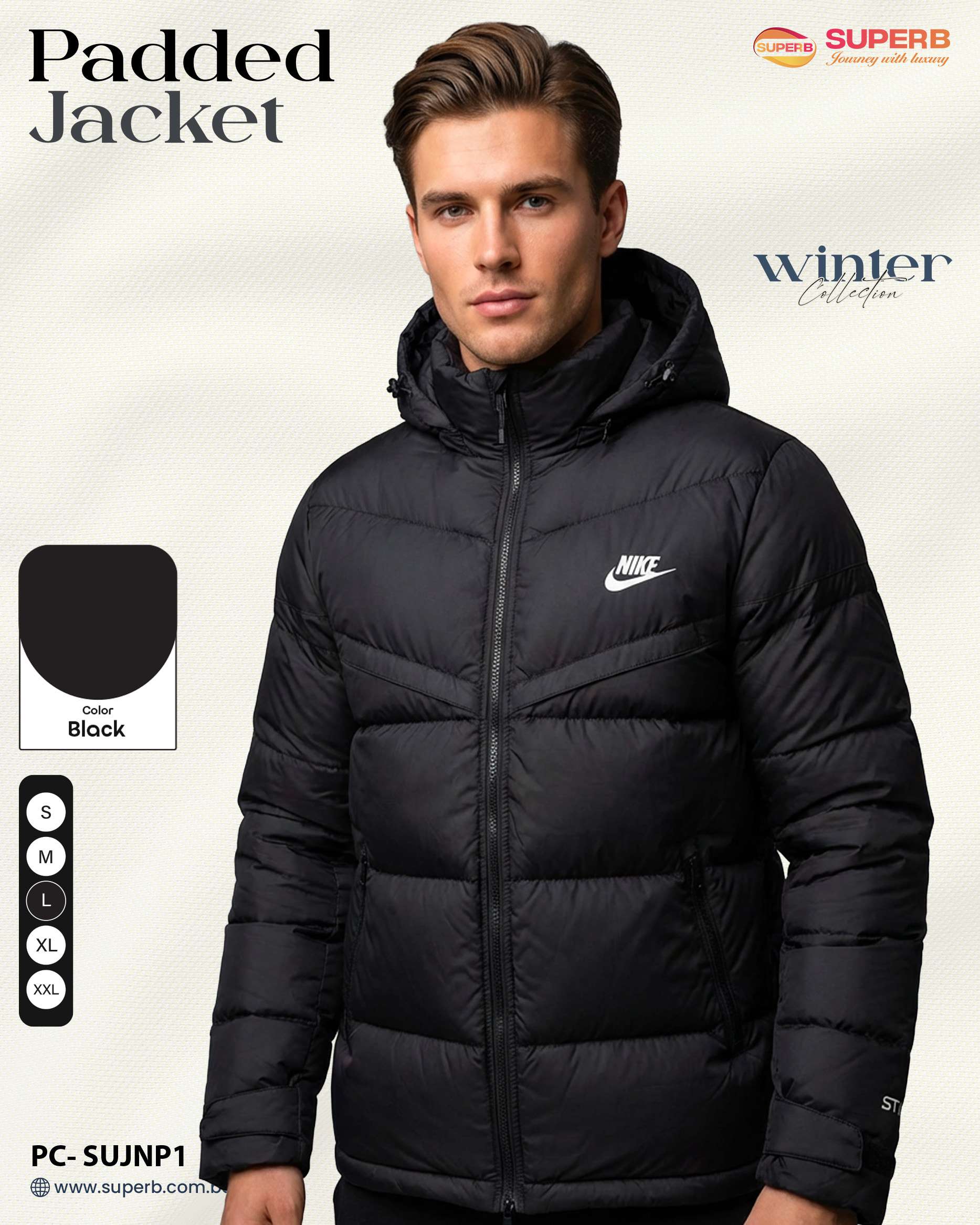 Nike Premium Contrast Padded Winter Jacket | High Warmth, Water-Resistant Export Edition - Black