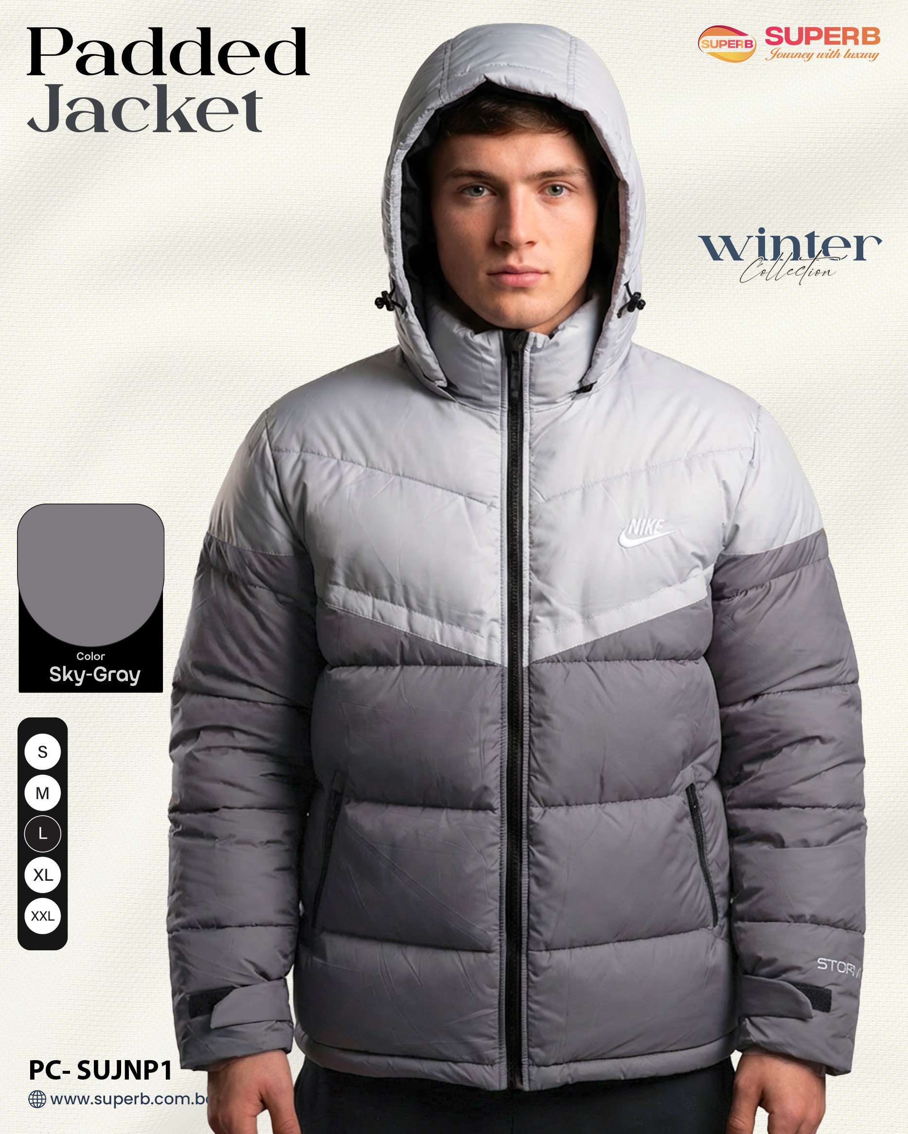 Nike Premium Contrast Padded Winter Jacket | High Warmth, Water-Resistant Export Edition - Sky-Gray