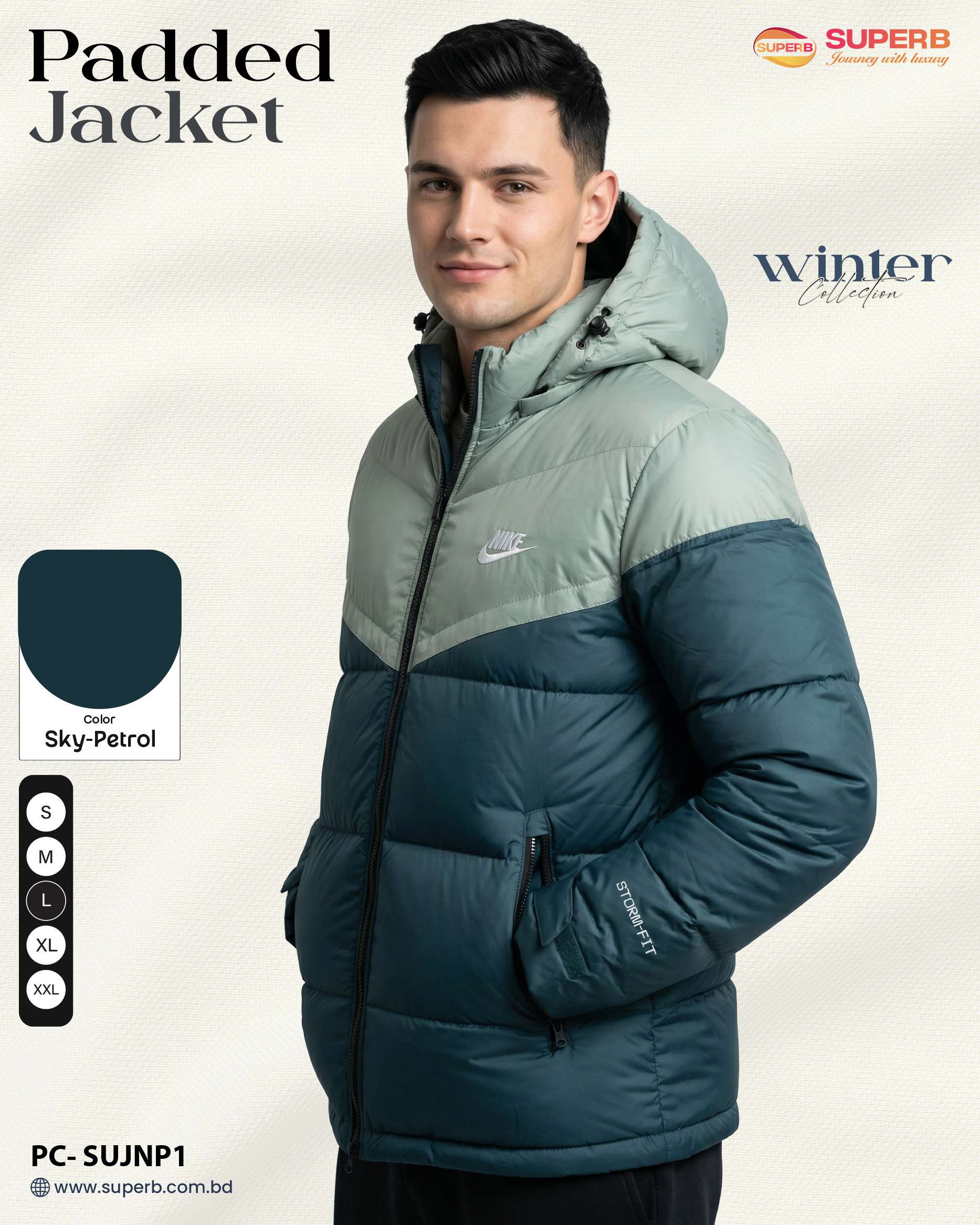 Nike Premium Contrast Padded Winter Jacket | High Warmth, Water-Resistant Export Edition - Sky-Petrol