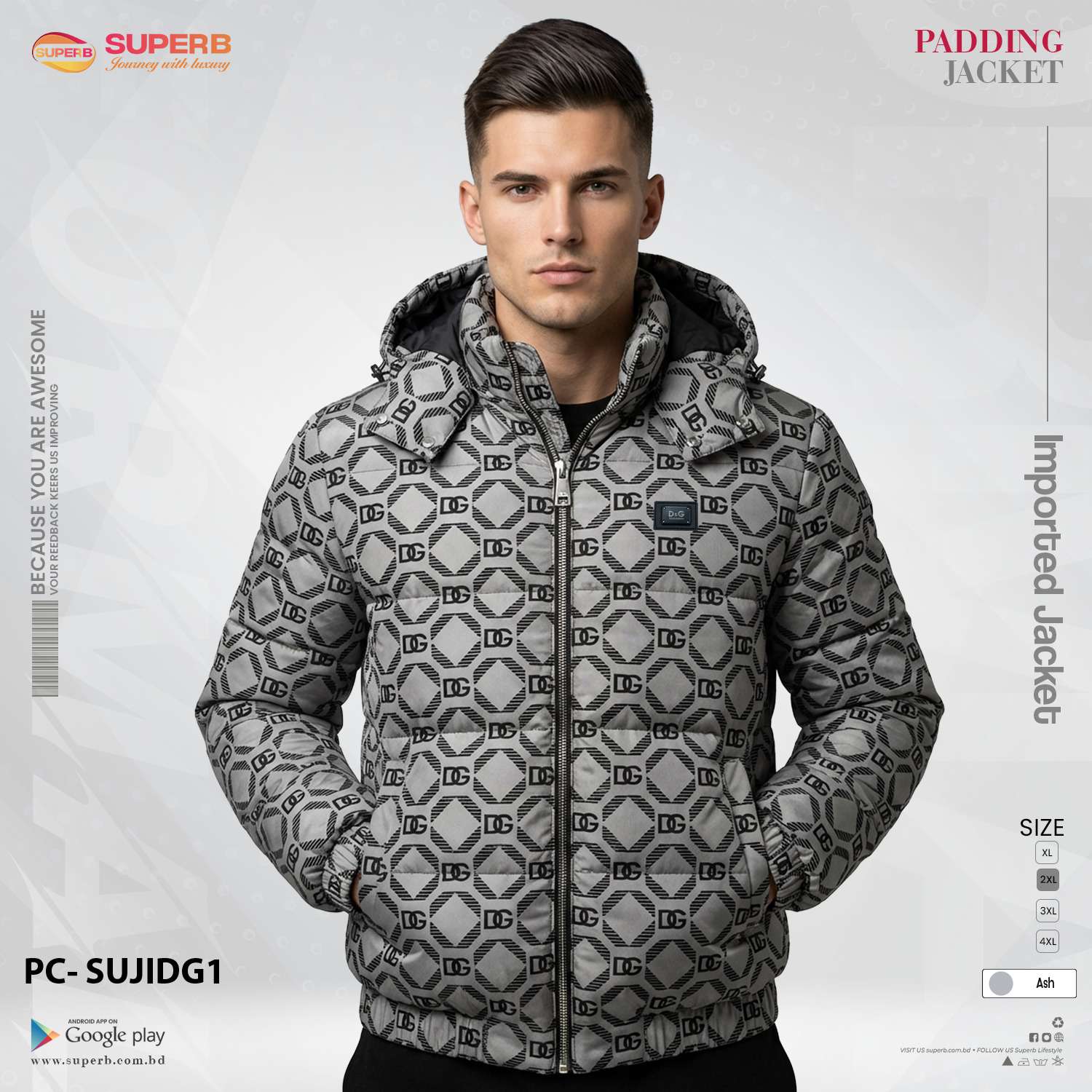 Dolce & Gabbana Imported All-Over Print Padding Jacket | Premium Winter Wear | Superb Lifestyle - Ash