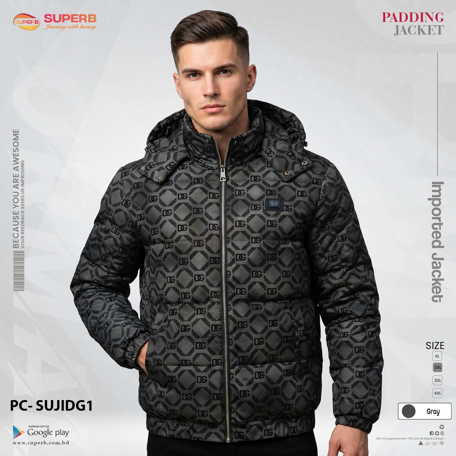 Dolce & Gabbana Imported All-Over Print Padding Jacket | Premium Winter Wear | Superb Lifestyle - Gray