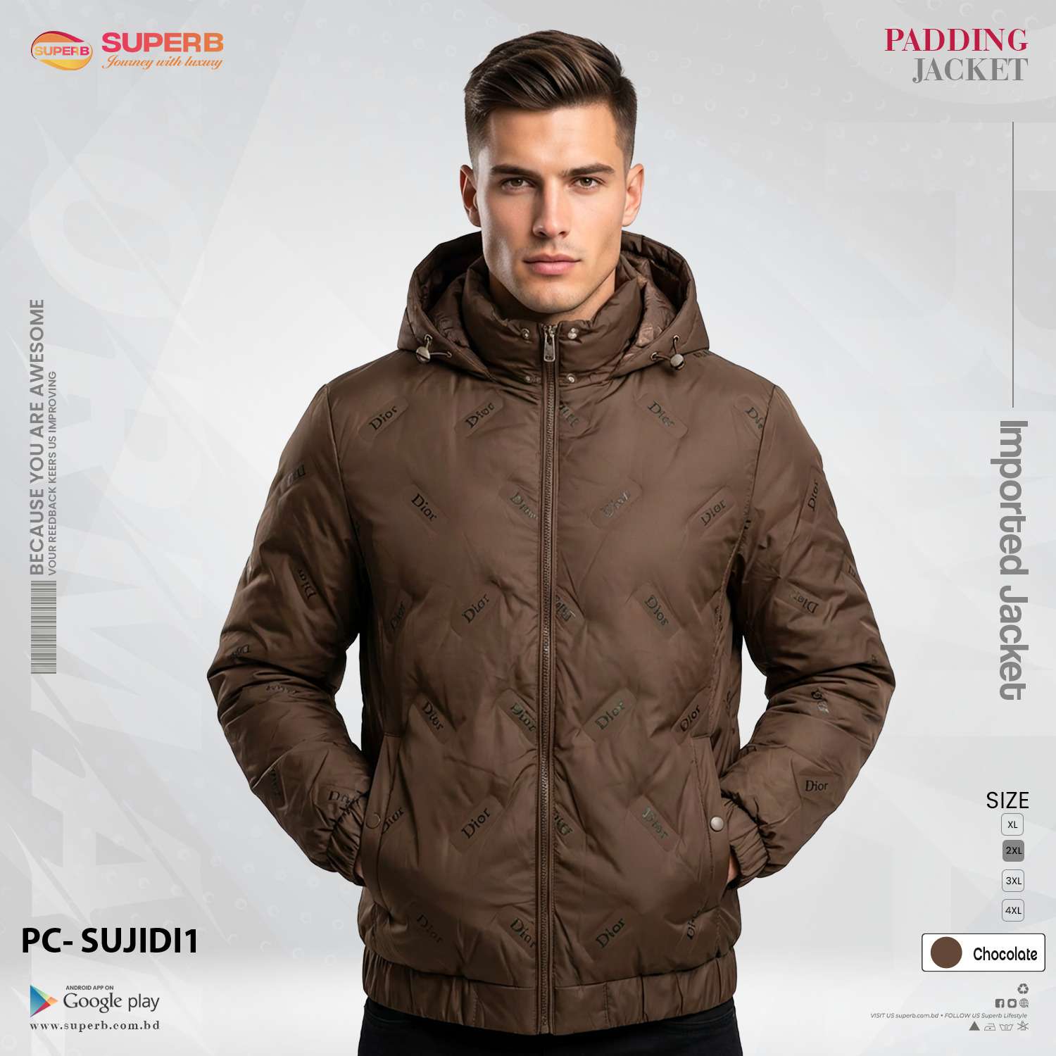 Dior Premium Padded Down Jacket with All-Over Logo || Superb - Chocolate